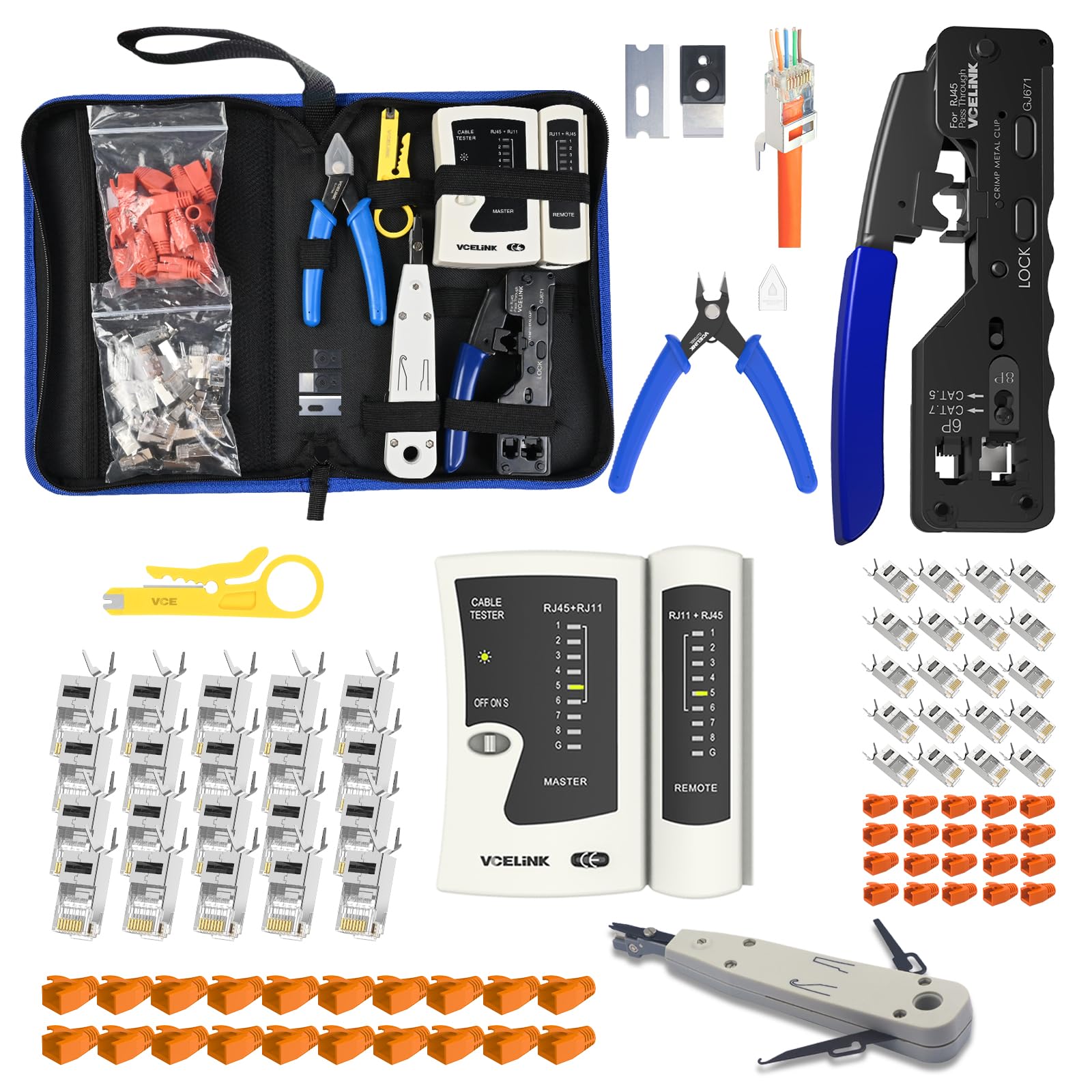 VCELINK Netzwerk Werkzeug Set mit RJ45 Crimpzange, 20 x RJ45 Stecker Cat7/Cat6a, Netzwerktester, LSA Werkzeug, Abisolierzange, Stofftasche und 20 Stück 10Gbps RJ45 Stecker Cat7/Cat6A mit Einfädelhilfe