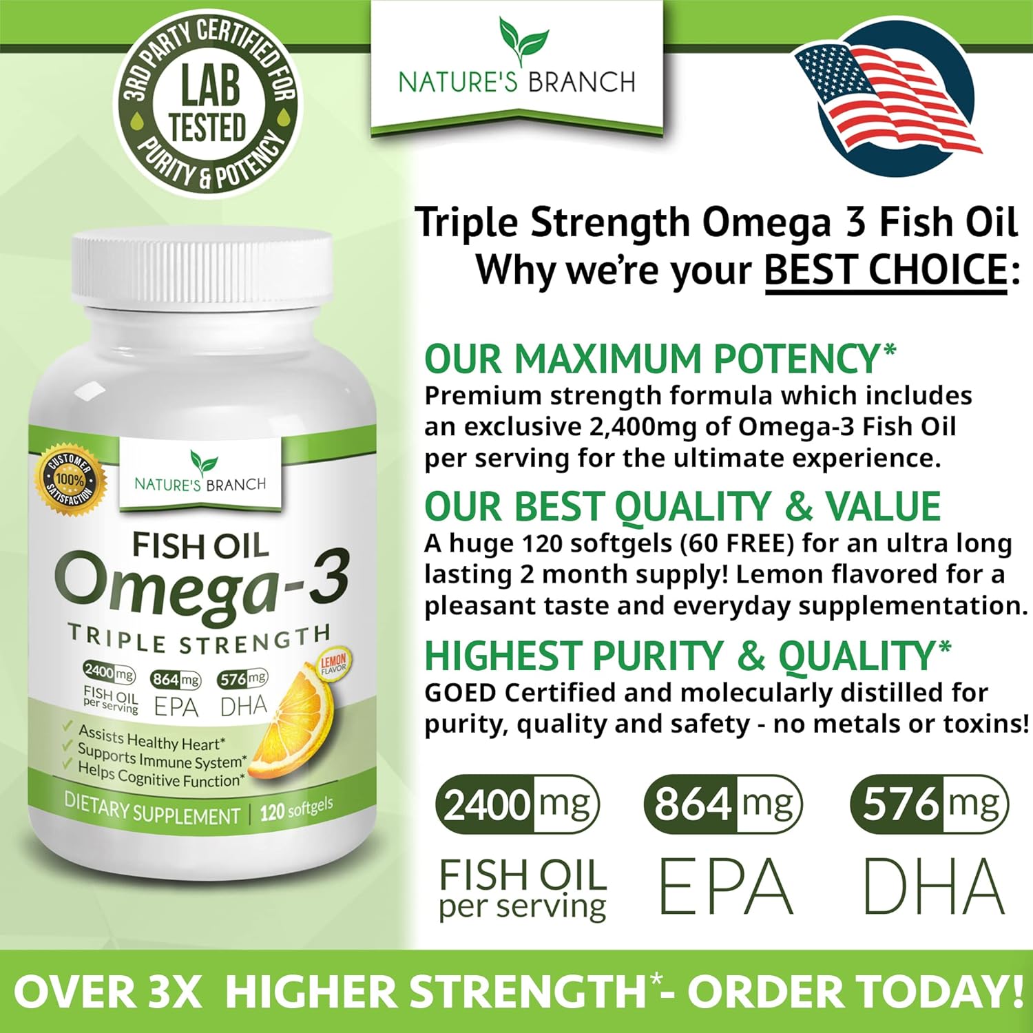 Best Triple Strength Omega 3 Fish Oil Pills 2400mg Burpless High Potency Lemon Flavor - 864mg EPA 576mg DHA Ultra Pure Liquid Softgels 120 Capsules for Brain Joints Eyes Hair Heart Health Supplement : Health & Household
