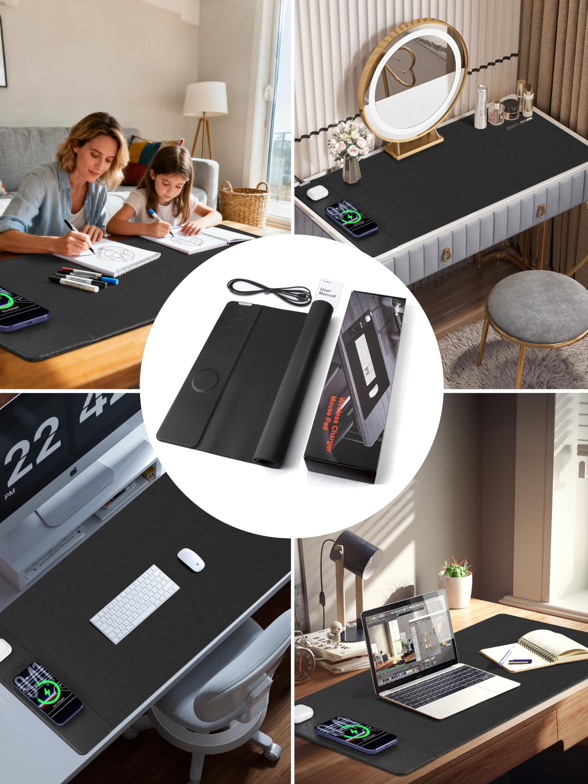 TopMade Alfombrilla de mouse con carga inalámbrica de 15 W, alfombrilla de escritorio de cuero grande XXL, impermeable, para juegos, hogar, oficina, escritorio, protector de teclado de computadora