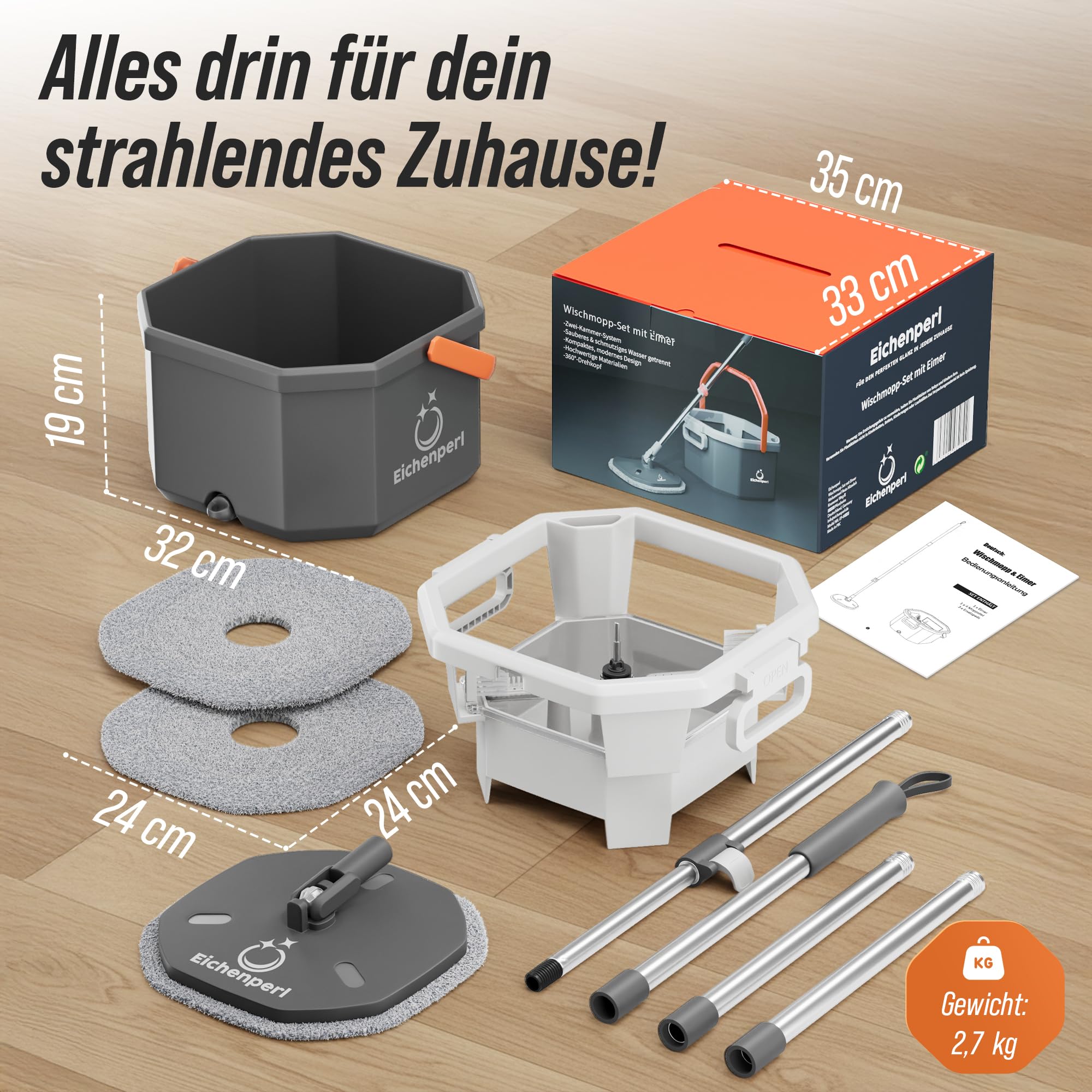 Wischmop Set mit Eimer - 2-Kammer Wischsystem & Bodenwischer mit Auswringfunktion - Schmutzwasser-Trennung, 360° Wischer mit Mikrofaser Pads für Parkett, Laminat & Fliesen
