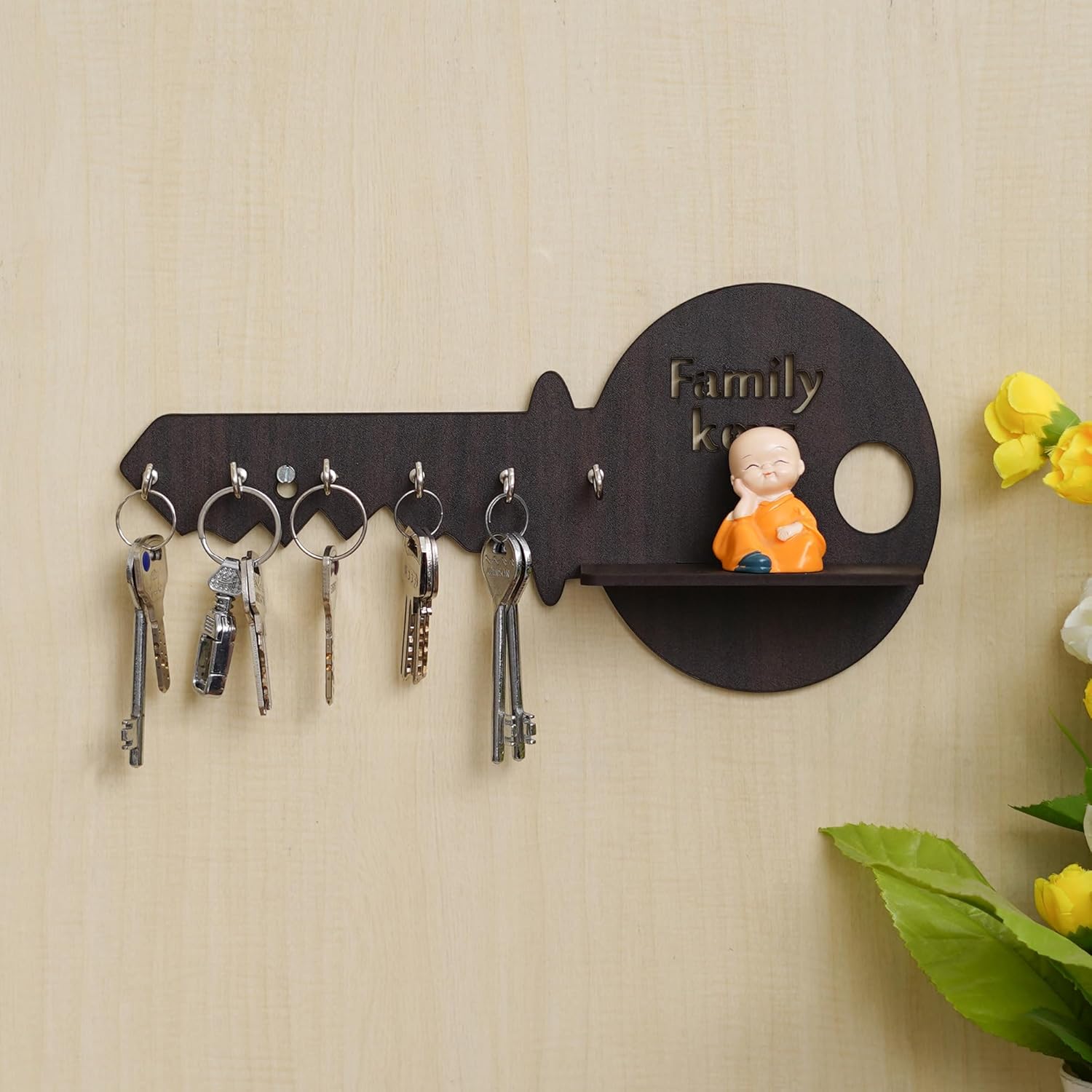 Webelkart Premium Key Shape Key Chain Holder with Wall Shelf for Showpiece and Mobile, Wall Hanging Key Holder for Home and Office Decor 11.61" Inches - 6 Hooks - Diwali Decorations Items for Home