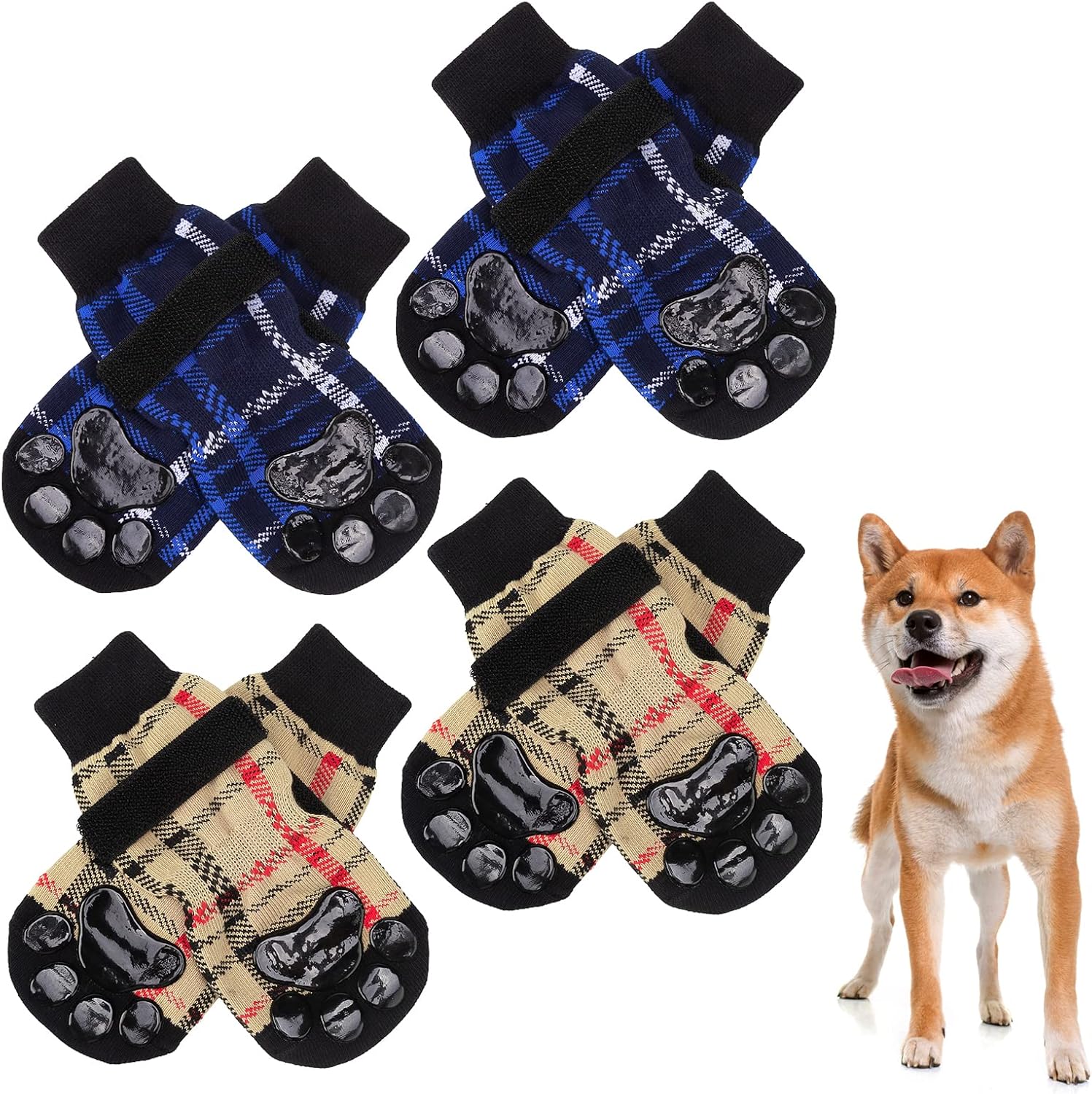 8 Pieces Anti-Slip Dog Socks with Adjustable Strape, Double Side Classic Plaid Traction Control for Indoor Hardwood Floor Wear, Paw…