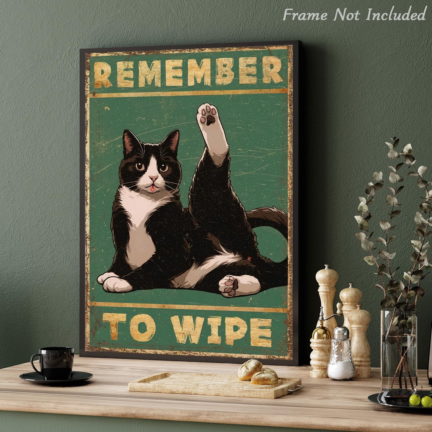 Targa In Latta Vintage 'Remember To Wipe' Con Gatto Nero, 20x30 Cm, Per Amanti Dei Gatti