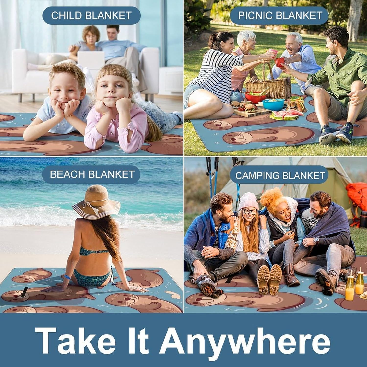 Animal Cute Brown Otters Waterproof Picnic Blanket 58.3''x58.3'',Portable and Foldable Picnic Mat with Handle,Outdoor Blankets for Lawn Park Beach Travel