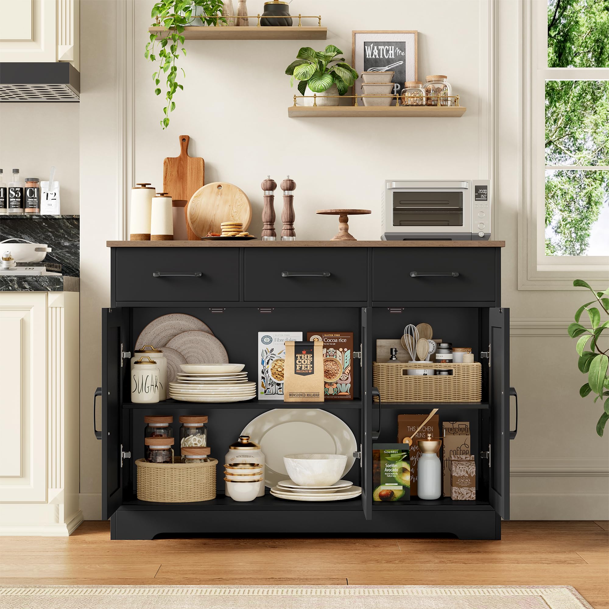 HOCSOK Aparador Cocina, Armario de Cocina con 3 Cajones y 3 Puertas, Armario de Almacenamiento para Salón, Comedor, Estantes Ajustables, Negro y Marrón | Armario buffet de cocina con 3 cajones y 3 puertas, armario de cocina para salón, cocina, comedor