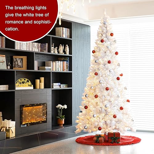 Miniatura 7 de Glitzhome Árbol de Navidad artificial delgado de pino blanco preiluminado de 10 pies con 800 luces blancas cálidas, árbol de Navidad grande para