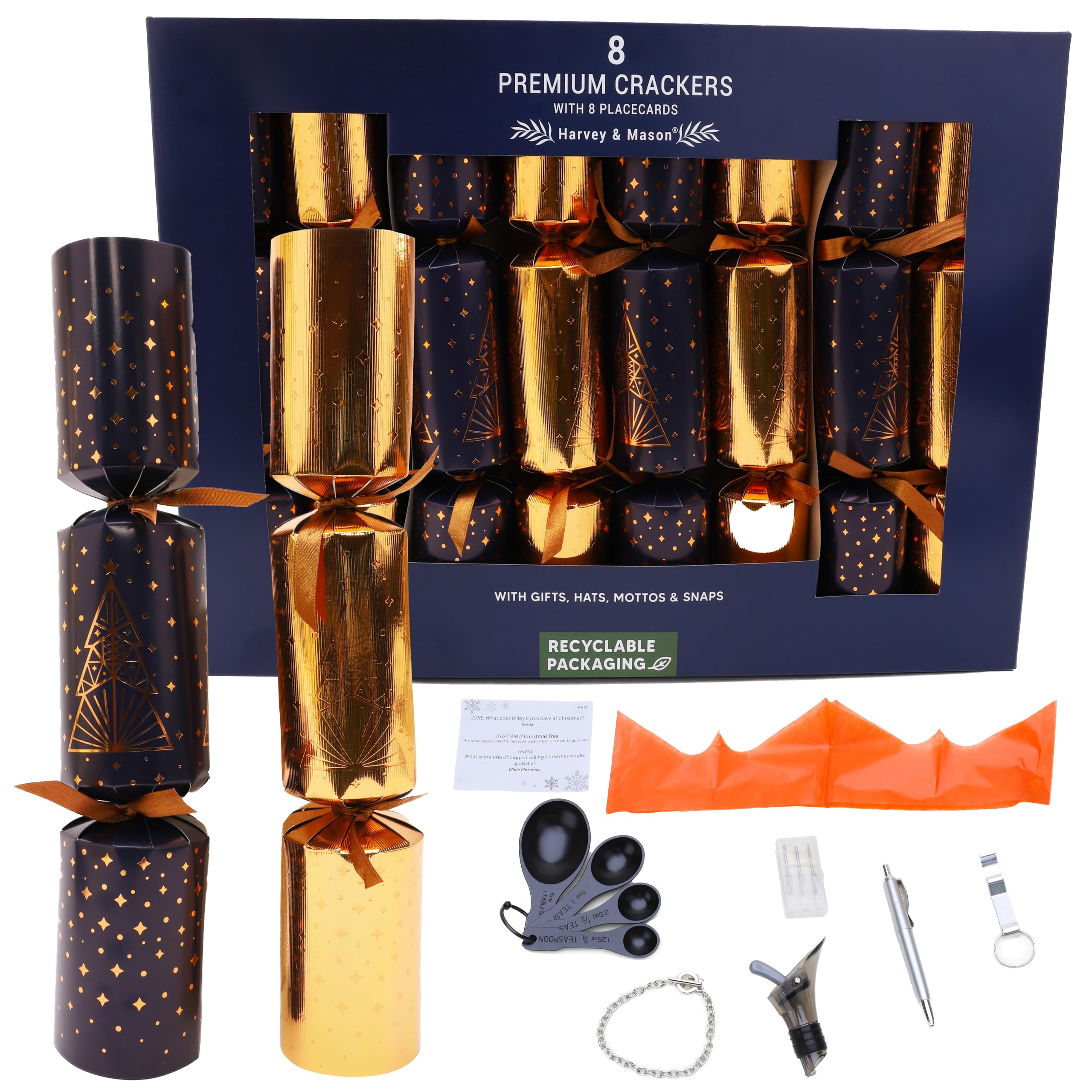 Toyland Blue, Navy, Gold Toyland® Pack Of 8 Midnight Blue & Gold Christmas Crackers - Premium 30Cm Crackers With Tree Design, Place Cards, Paper Hats, Jokes & Novelty Gifts For Christmas Dinner Table