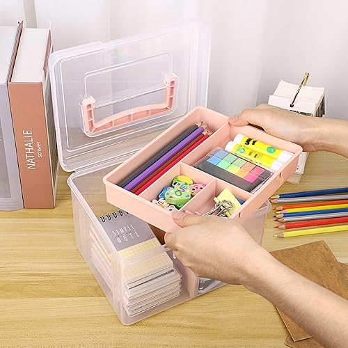 Miniatura 7 de BTSKY Caja de almacenamiento dividida de plástico transparente de 2 capas con bandeja extraíble, caja de almacenamiento de papelería multiusos con