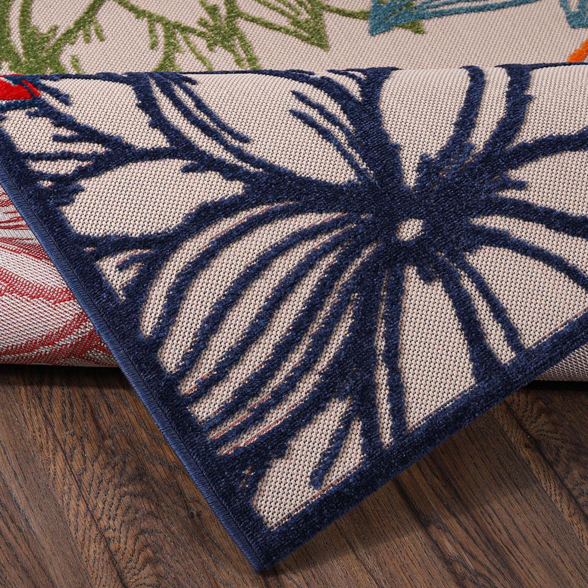 Tapis Exterieur, 200 X 290 Cm, Polypropylène, Motif Nature Floral, Bleu Beige Orange Rouge, Relief Décoratif Tissé, Terrasse Jardin, 7519
