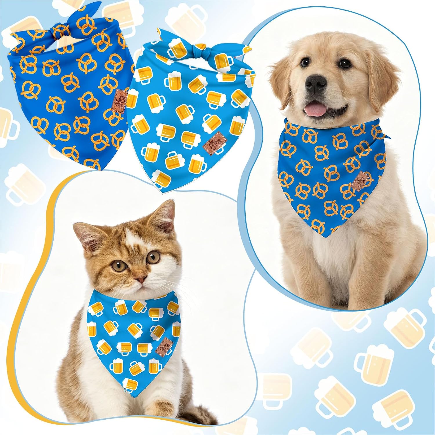 JarThenaAMCS 2Pcs Oktoberfest Dog Bandana Blue German Bavarian Beer Pretzels Triangle Pet Scarf Washable Adjustable Pet Neckerchief for Small Medium Large Dog Cat Birthday Costume Accessories image 3