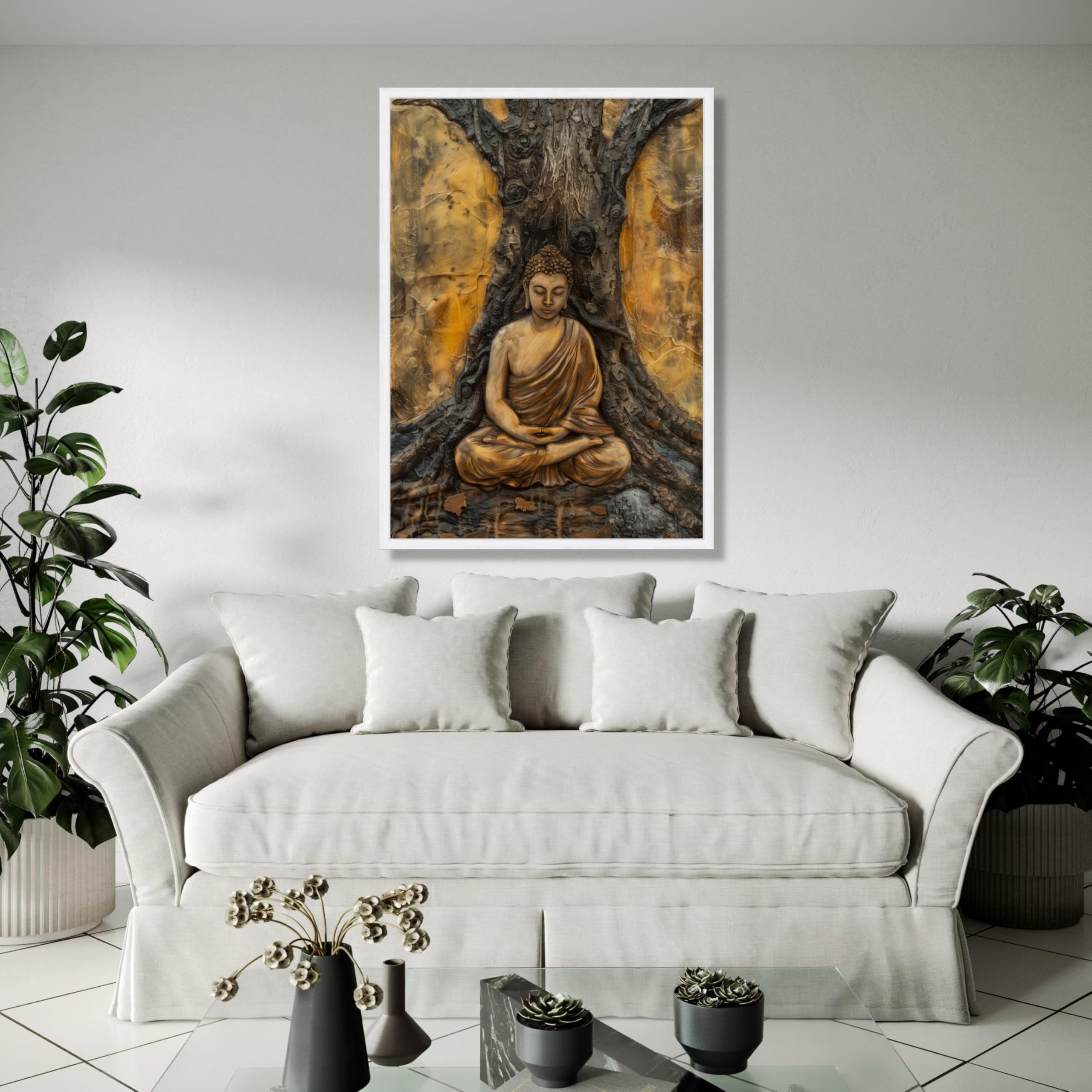 YUSUZHU Tela con meditazione del Buddha sereno, arte murale spirituale, opera d'arte con statua zen, decorazione per la casa, stampa artistica del Buddha sotto l'albero (60x90 cm/cornice interna)