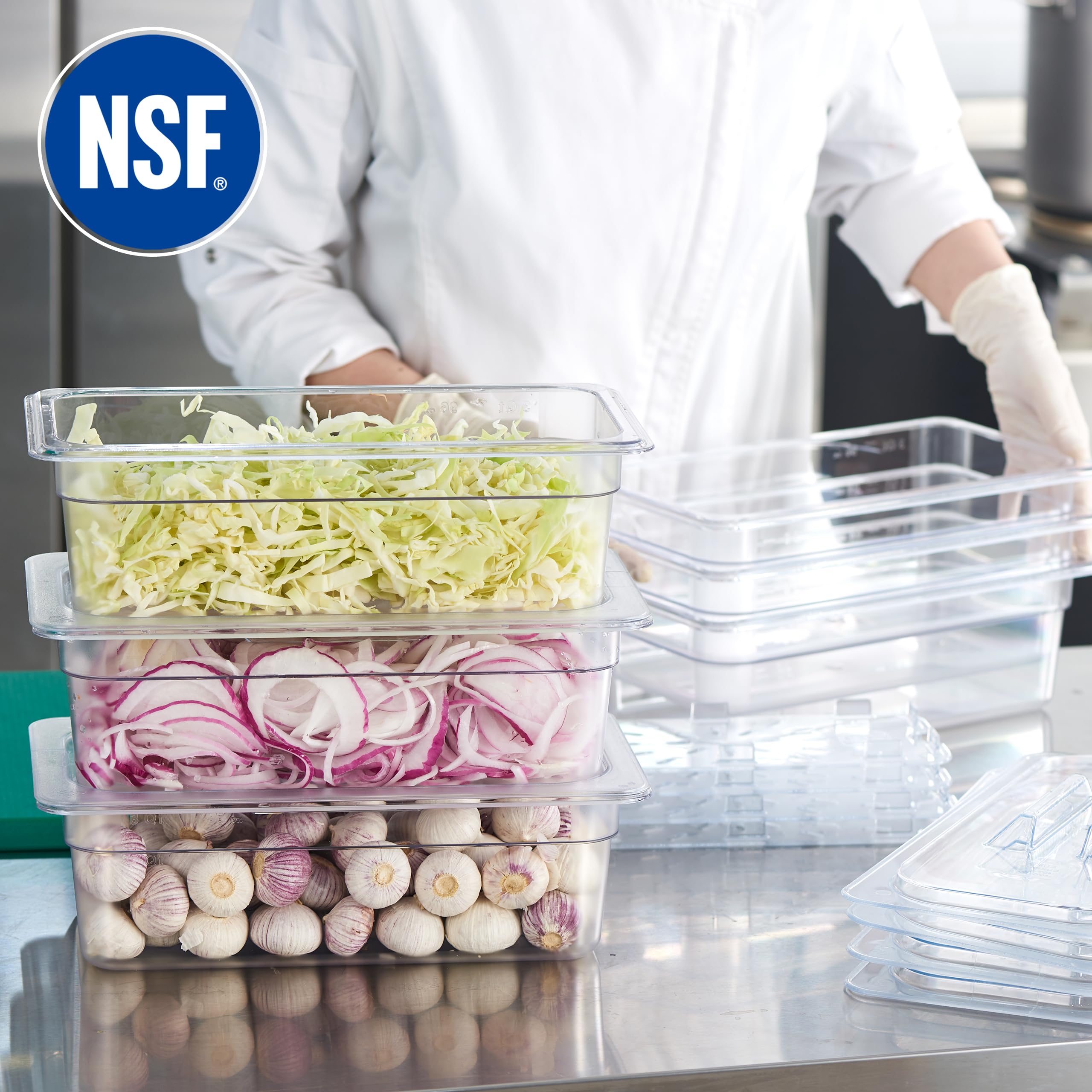 CURTA Paquete de 6 sartenes de policarbonato NSF de 1/3 de tamaño de 4 pulgadas de profundidad con tapa con muescas y bandeja de drenaje, recipiente transparente apto para lavavajillas y congelador