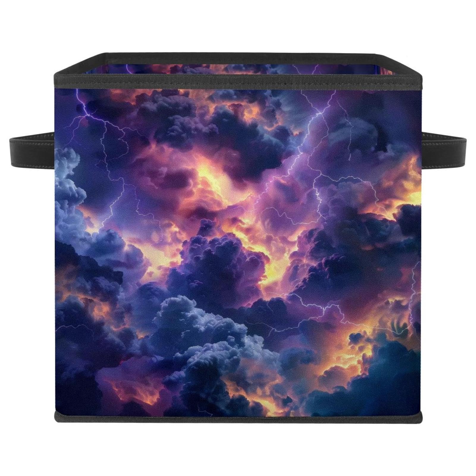 Boîte de rangement nuages d'éclair violet grand cube en tissu Oxford pliable avec doubles poignées