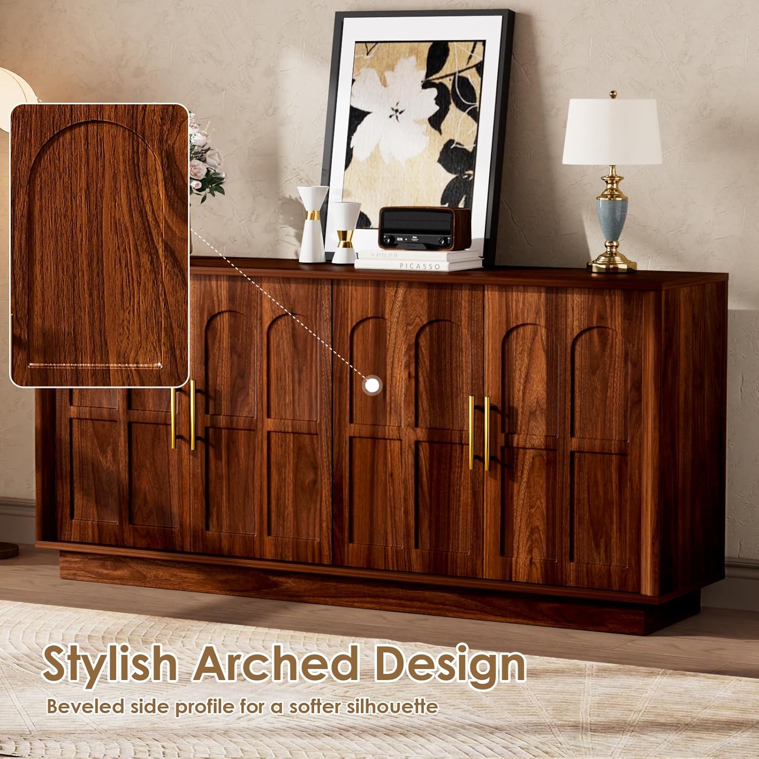 67'' Buffet Cabinet Sideboard with 4 Doors, Modern Coffee Bar Station, Large Storage Credenza, Kitchen Cupboard, TV Stand for 75 inch TV,Entryway Console Table, Accent Cabinet, Walnut