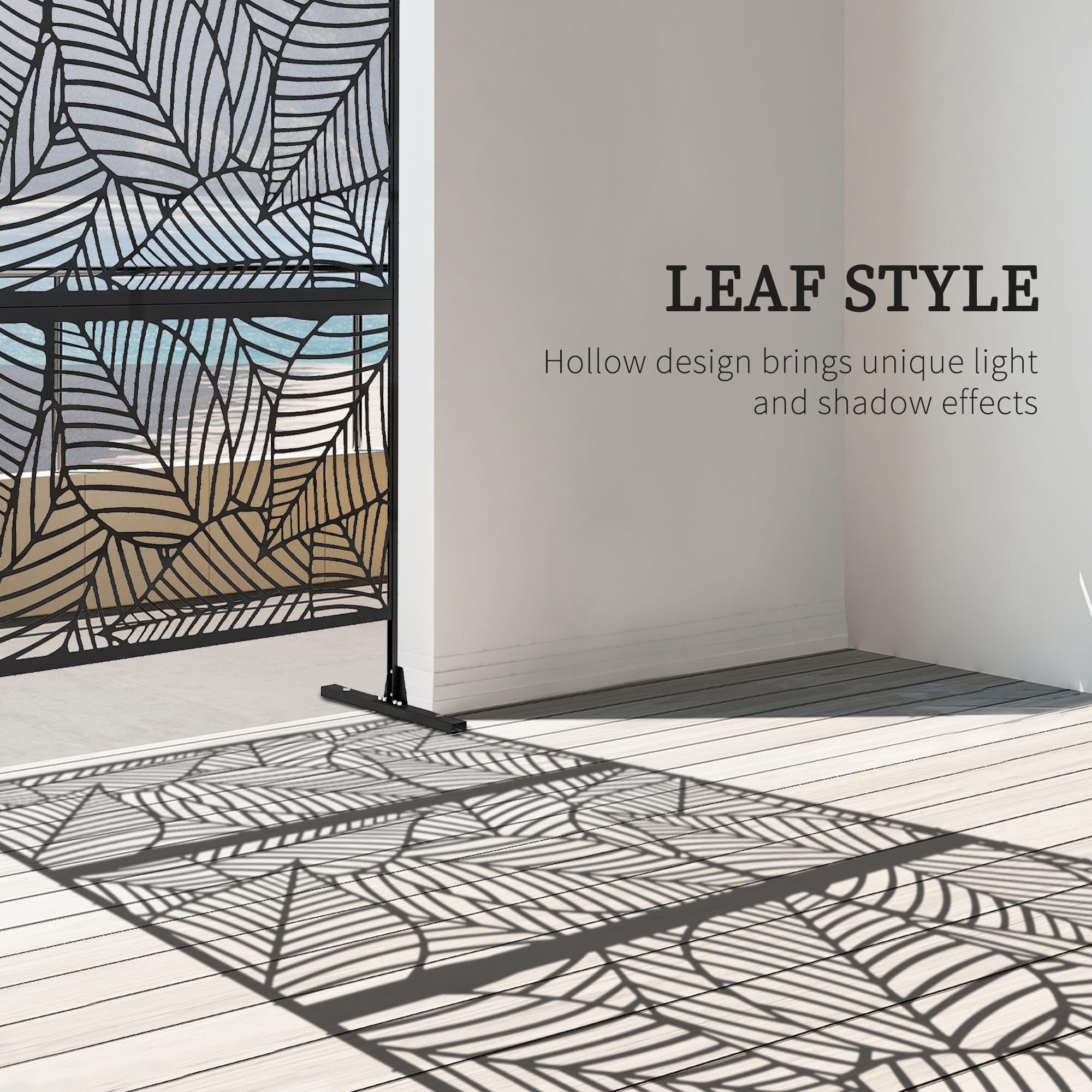 Outsunny Biombo de 3 Paneles con Soporte 122x198 cm para Exterior Negro | Con Tornillos de Expansión, Diseño de Hojas Grandes para Jardín, Patio y Terraza