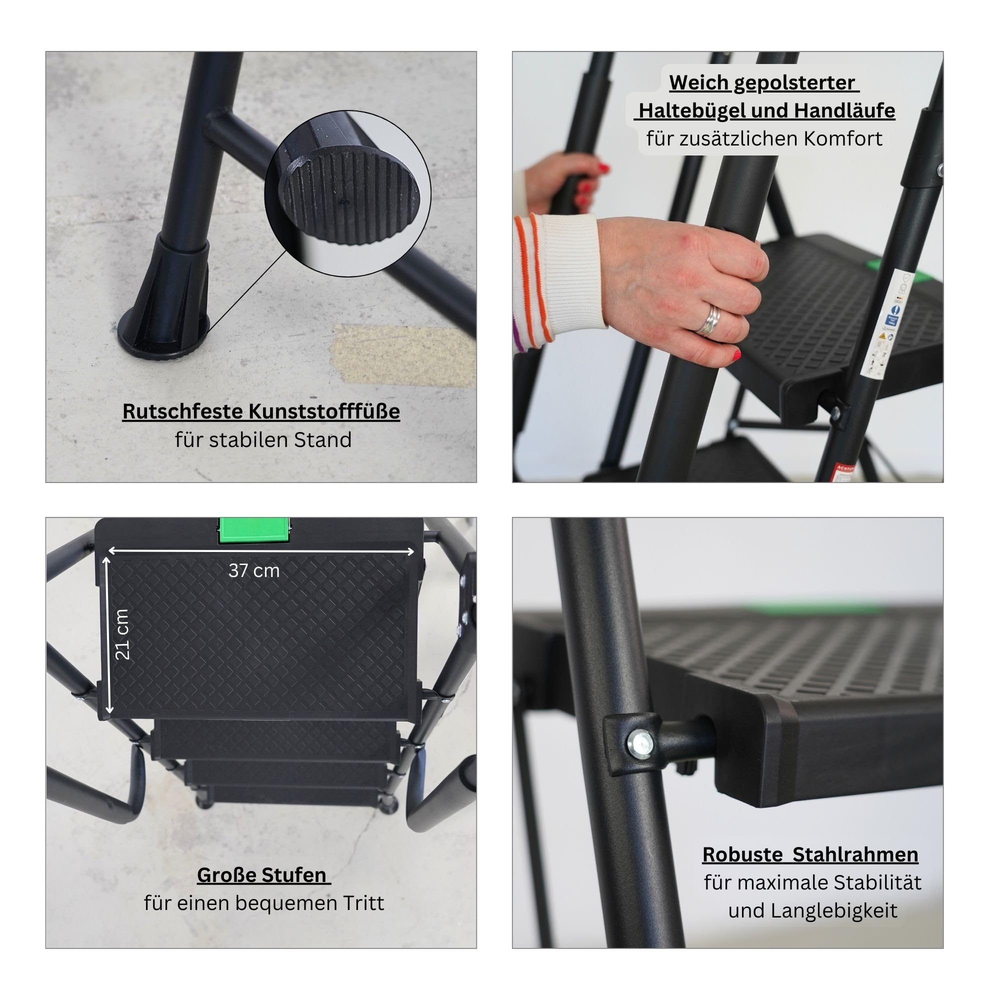 PROREGAL Profi-Escabeau pliant avec certification TÜV/GS, avec arceau manuel et plateau à outils 4 marches avec surface striée HxLxP 160x51x87cm Capacité de charge 150kg Acier Noir, Marche Pied Pliant