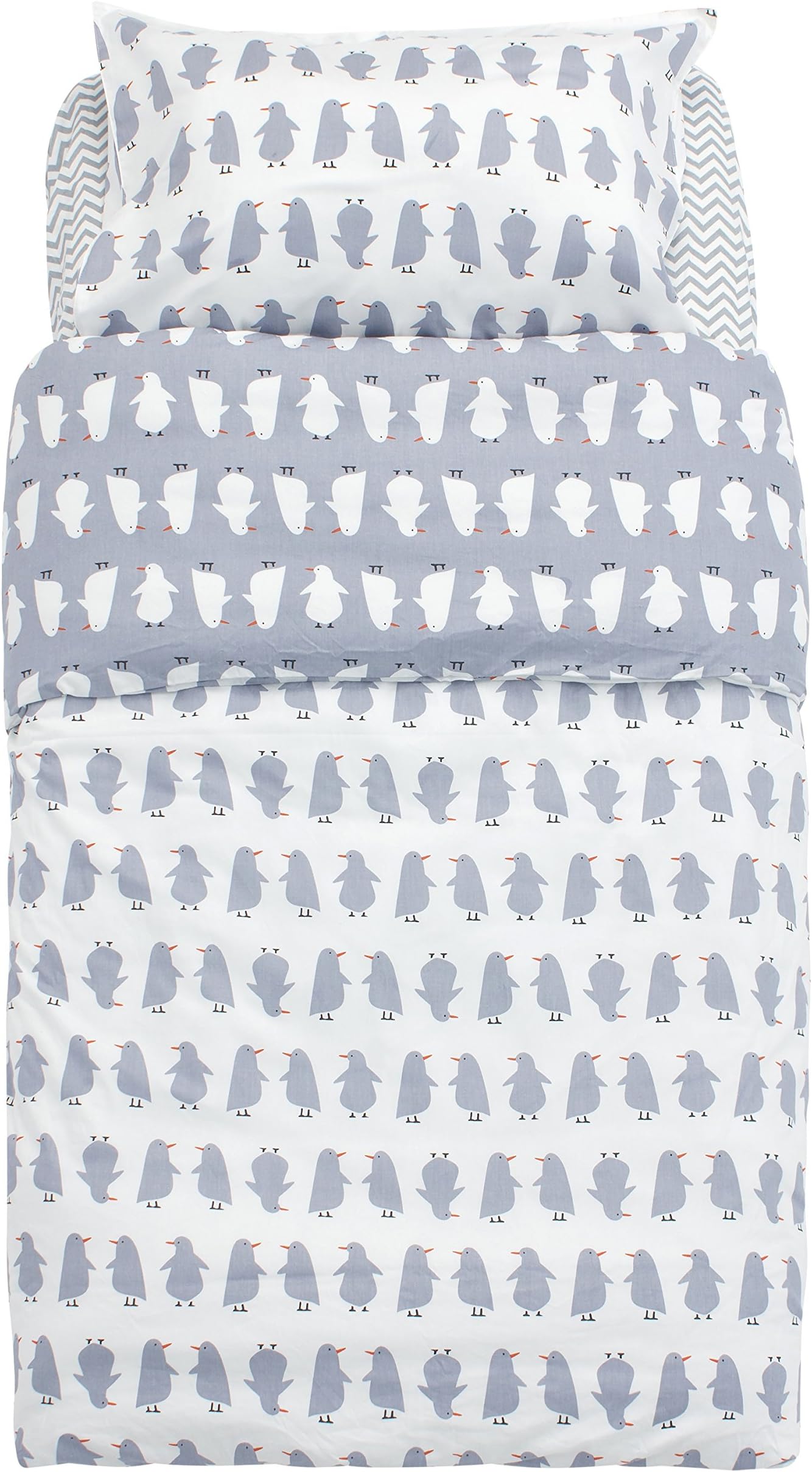 Kiddy Bird 100% Cotton Toddler Bedding Set of 3 Penguins Grey Cute Refreshing Fitted Sheet + Comforter Cover + Pillow Case Environmental Cozy and Durable - Top Quality for Girls and Boys