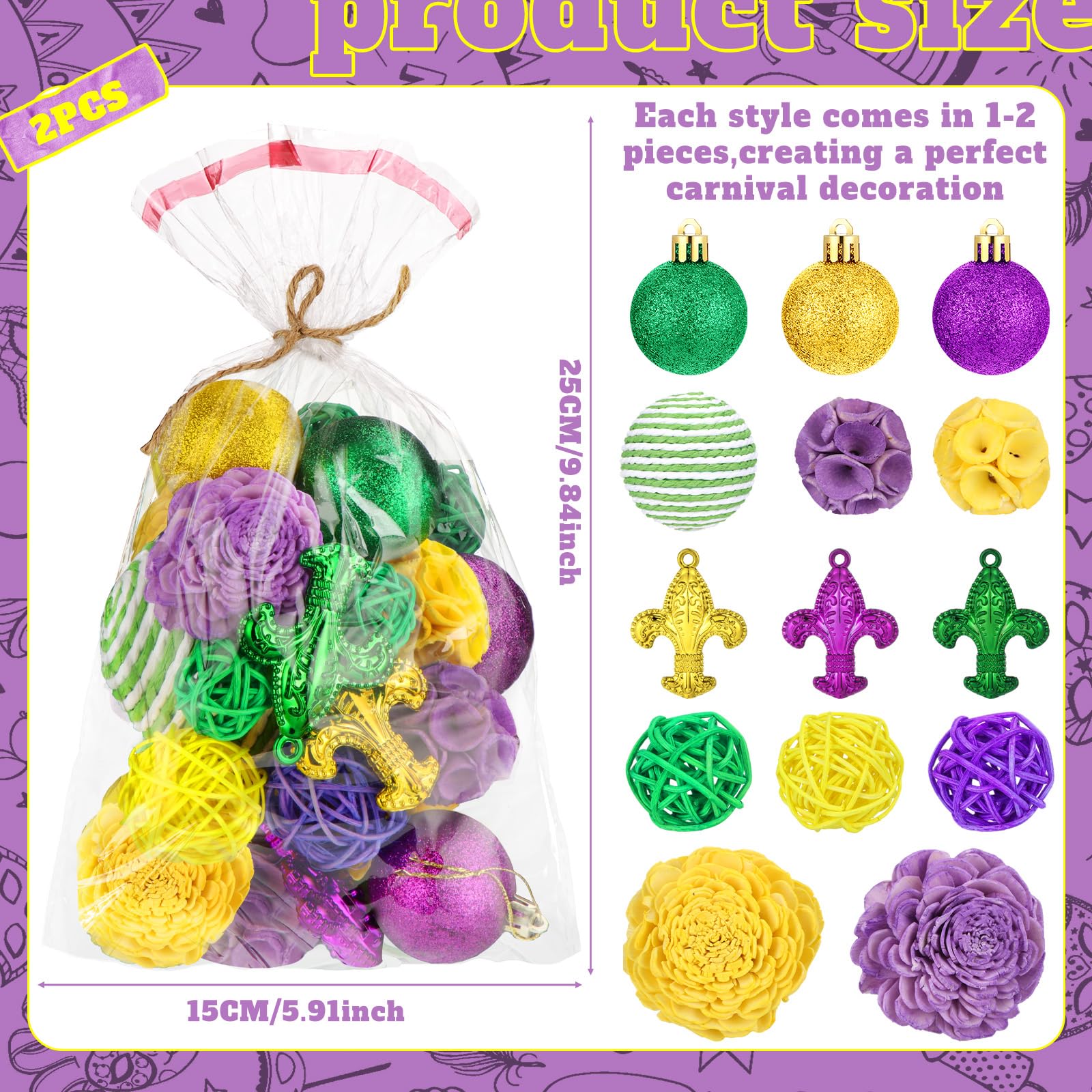 CroBlissful 40 Pcs Mardi Gras Shatterproof Hanging Ornaments Decorative Balls Bowl Filler Purple Green Gold Ball Ornaments for Mardi Gras Holiday New Orleans Party