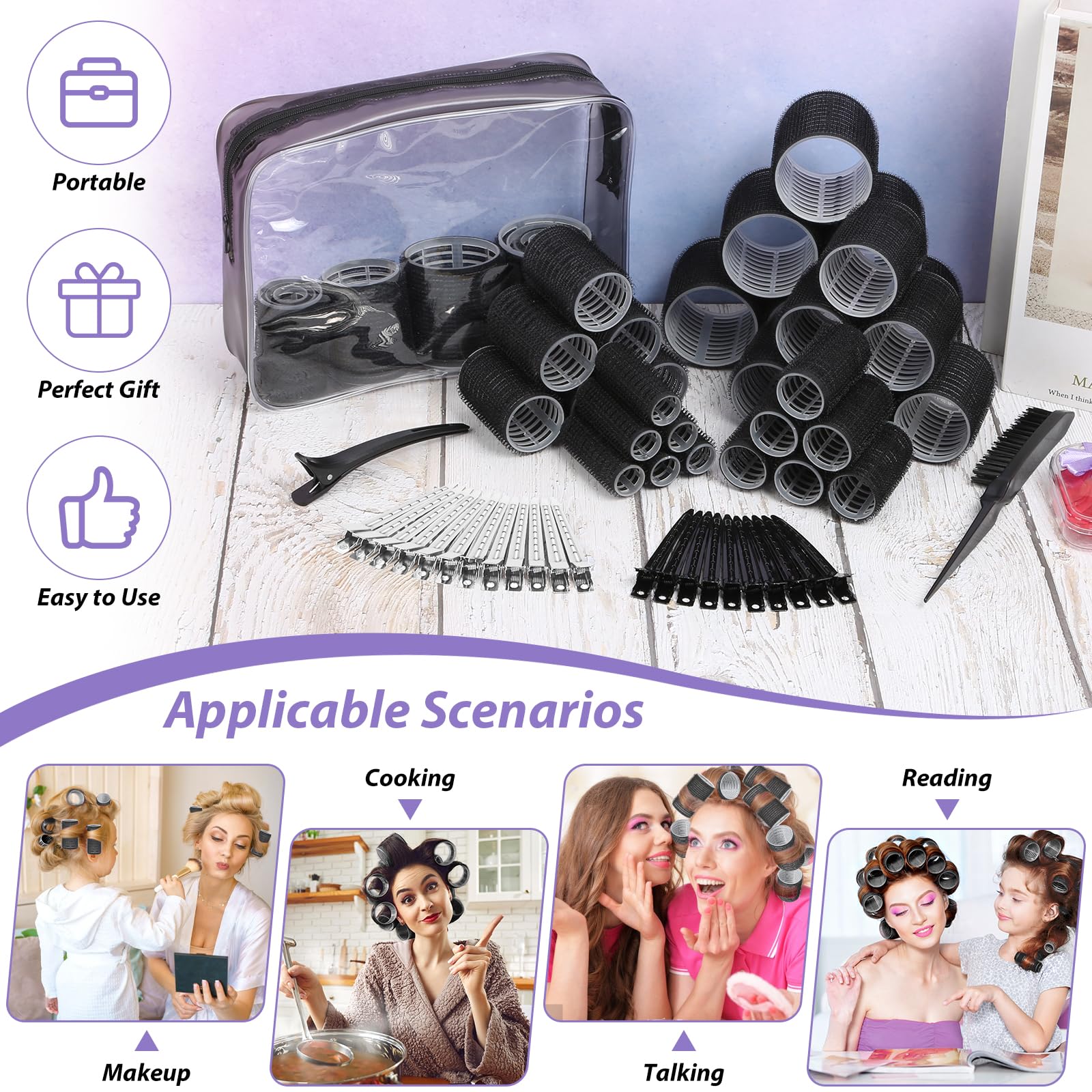 Qinzave Rizadores de pelo con clips, rodillos grandes con 5 tamaños, rodillo de pelo autoagarre para volumen largo, medio, corto, grueso, fino