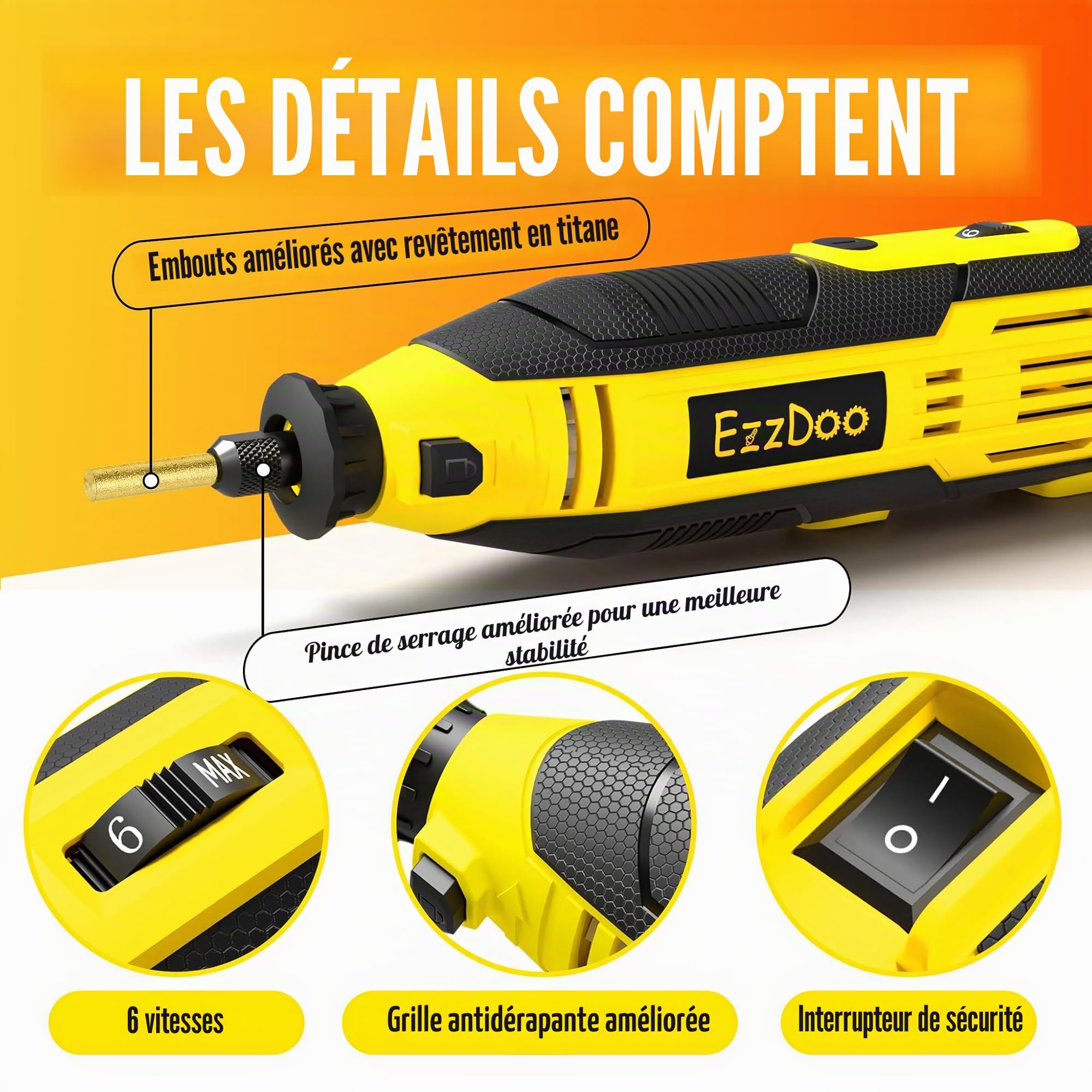 EzzDoo Kit Affûteuse Tronçonneuse Électrique avec Embouts Diamantés Revêtement Titane Outil Affûteuse Tronçonneuse Haute Vitesse et 6 Roues Affûtage Haute Dureté pour Toutes Chaînes de Tronçonneuse