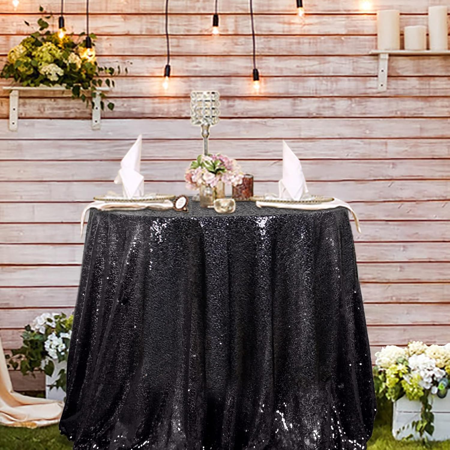 Buy Sequin Tablecloth Round 72'' Black Table Overlay Glitter Table