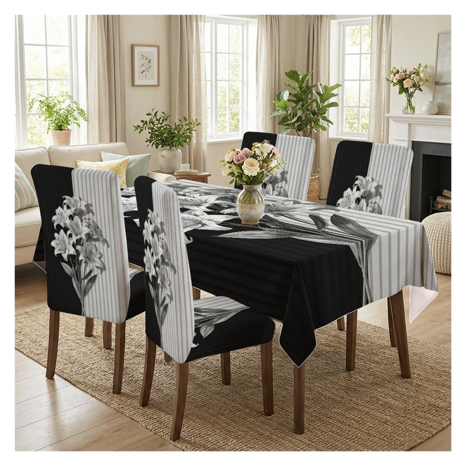 KXUAUV Monochrome Lily Print Stretch Dining Chair Covers & Tablecloth Set, 5/7 Pack Party Decor(5pcs Set: Tablecloth+Chair Covers)