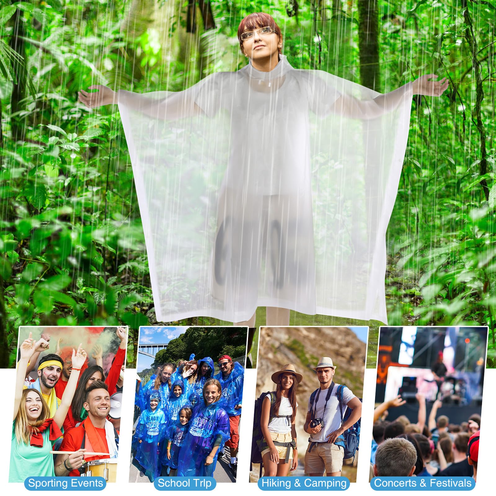 Zhehao 20 ponchos de lluvia para adultos con capucha con cordón reutilizable, impermeable, poncho de plástico EVA grueso para mujeres y hombres, camping (blanco)