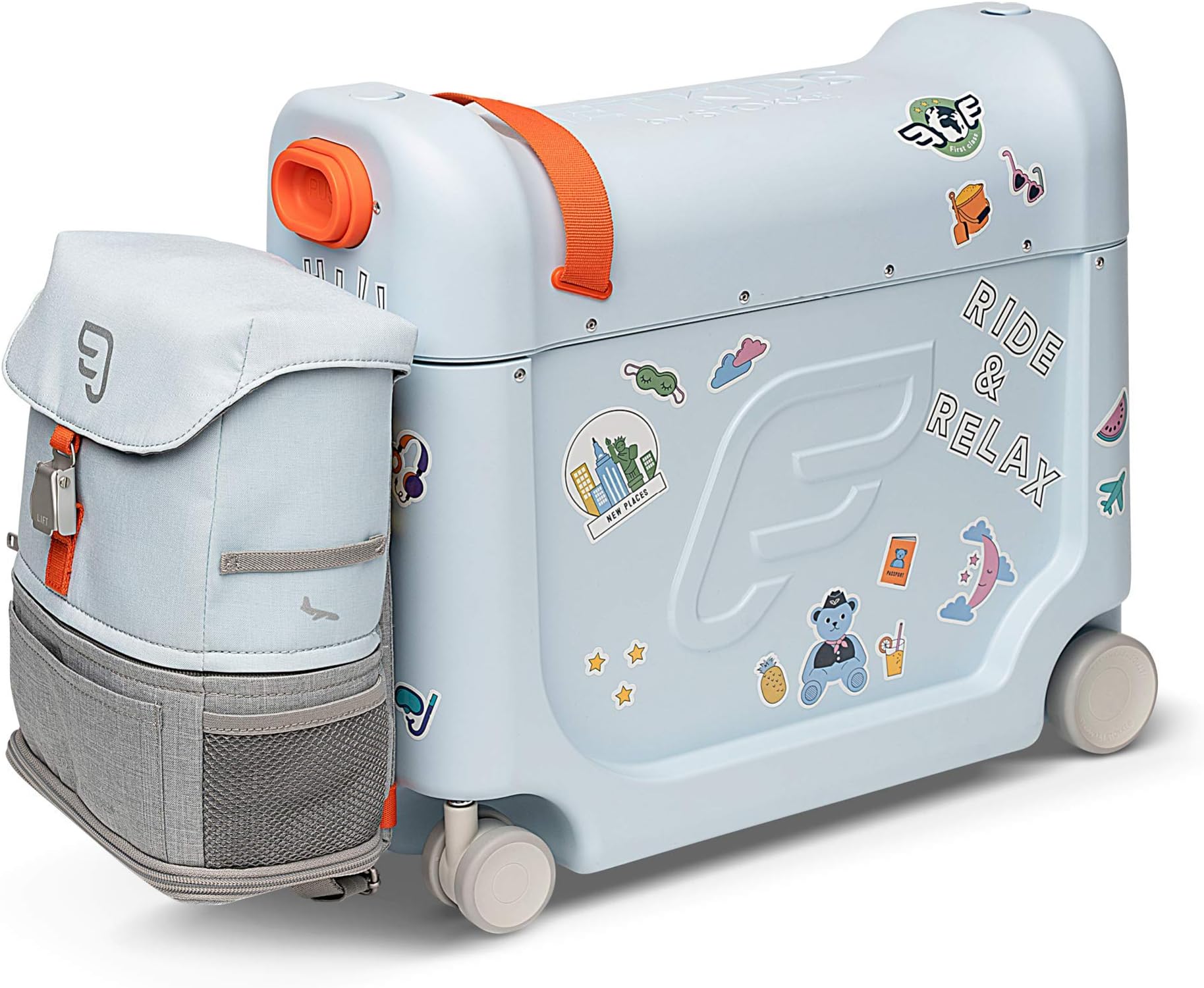 JetKids by Stokke Travel Bundle - Includes Kid’s Ride-On Suitcase & In-Flight Bed + Adjustable, Lightweight & Expandable Crew BackPack - Travel Essentials for Kids - Best for Ages 3-7