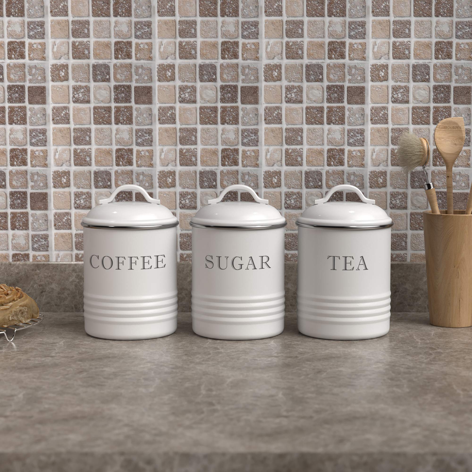 Barnyard Designs Decorative Kitchen Canisters With Lids White Metal Rustic Vintage Farmhouse Country Decor For Sugar Coffee Tea Storage Set Of 3 Storage Jars Canisters Amazon Com Au