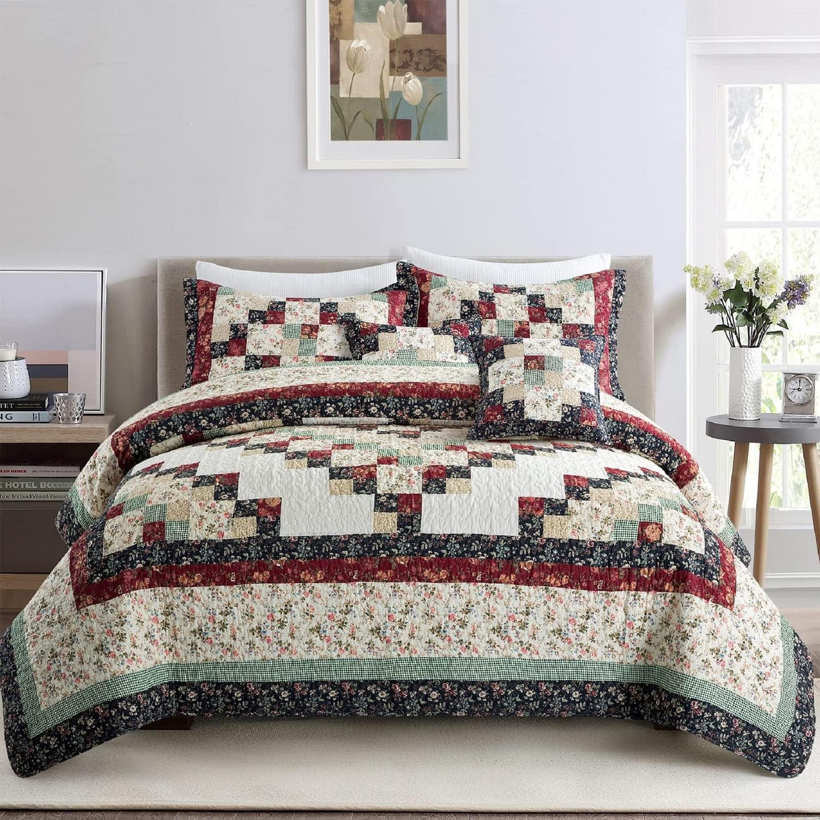 Amazon.com: Finely Stitched Country Cottage Patchwork Quilted Bedspread ...