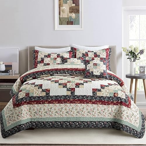 Miniatura 2 de L'IRISDOM Juego de ropa de cama de retazos California King, 100% algodón, colcha de granja, colcha suave y ligera con fundas de almohada para todas