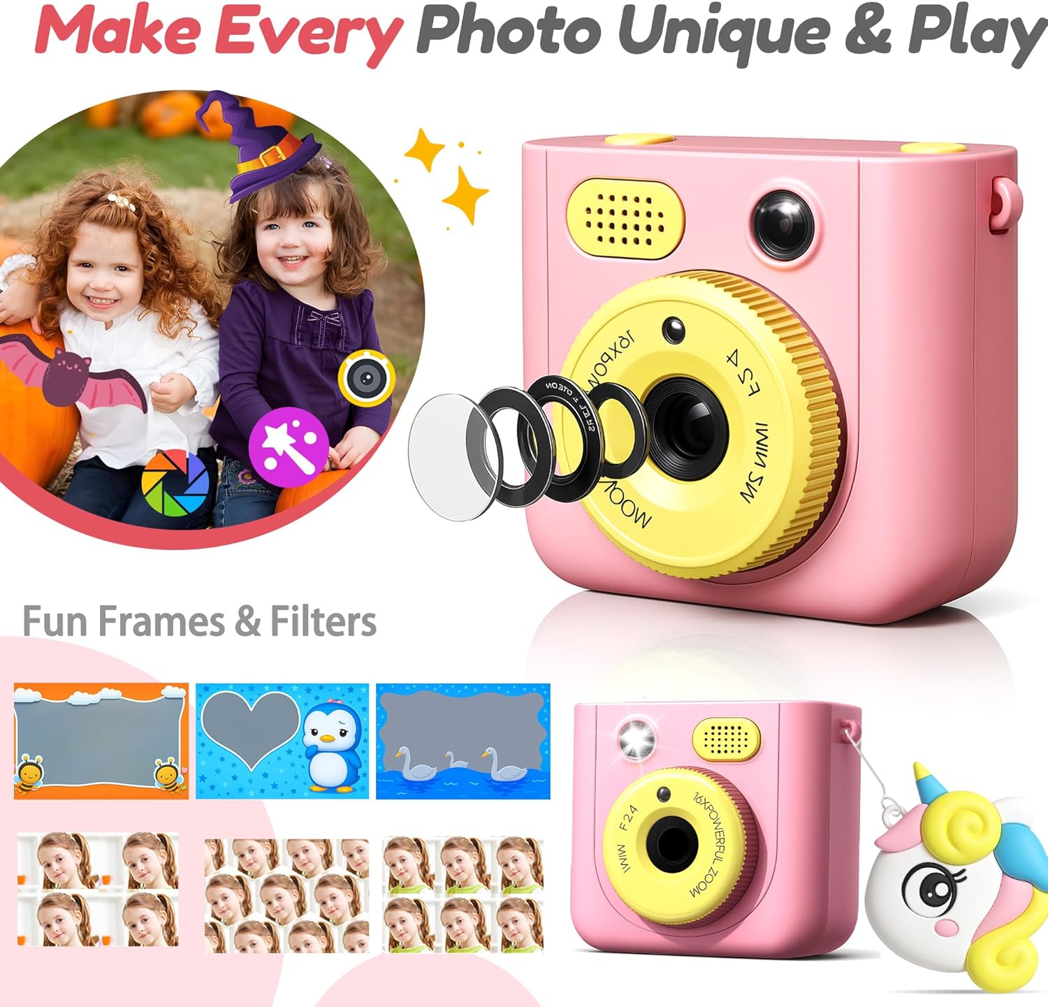 Electric Fairy Butterfly Wings with LED Lights & Music + Instant Digital Camera for Kids, 48MP Printing Camera with USB-C Rechargeable, Girls & Boys 3-12