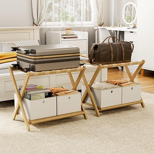 Miniatura 16 de Juego de 2 portaequipajes de nogal totalmente ensamblados, soporte para equipaje de bambú para habitación de huéspedes, 5 correas de nylon, soporte