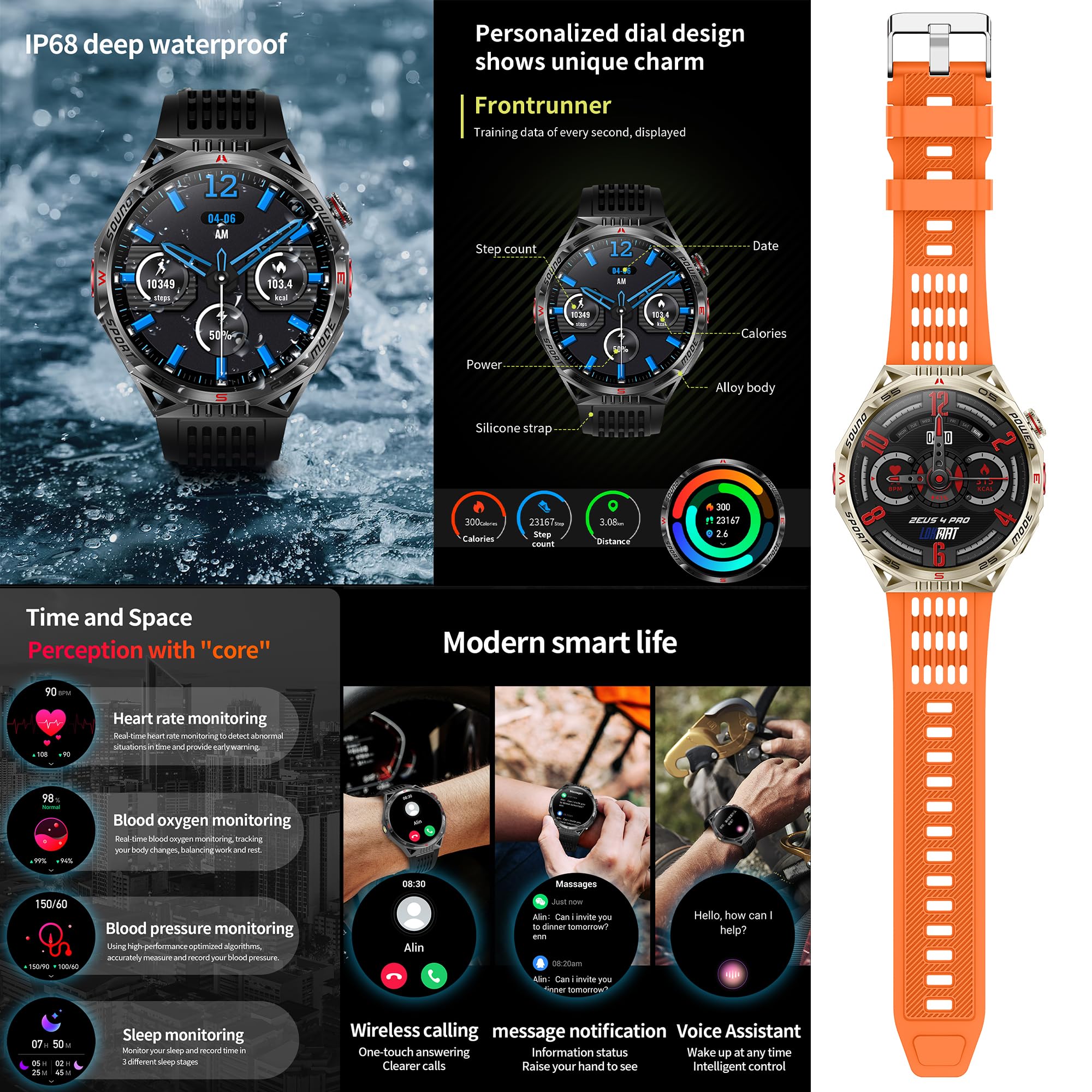 Reloj inteligente para hombre con función de teléfono, linterna, 1,85 pulgadas, AMOLED 5 ATM, reloj inteligente redondo, rastreador de actividad, con 123 modos deportivos, presión arterial, monitor de