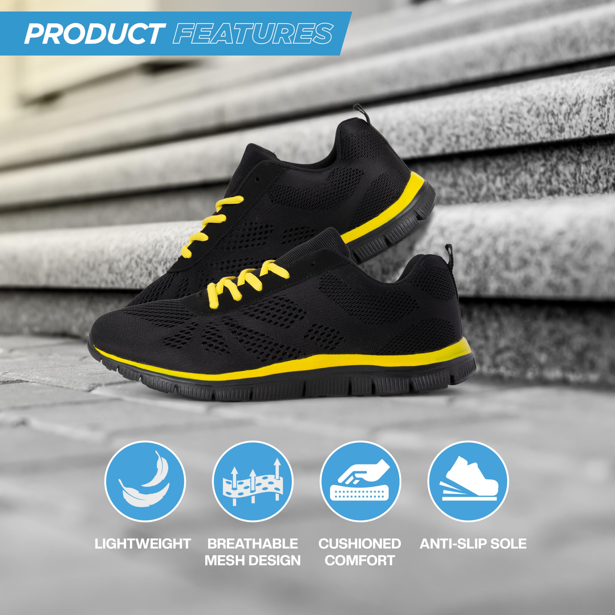 Get Fit Women’s Lightweight Trainers - Breathable Mesh Gym Walking Shoes - Comfortable Lace-Up Fitness Sneakers, Flexible Non-Slip Sole - Black/Yellow - UK5/EU38