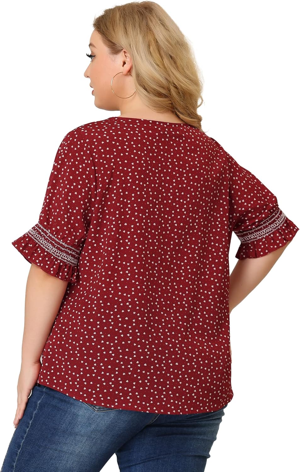 Agnes Orinda Plus Size Top for Women Dots Heart Boho Casual Smocked Short Sleeves Blouses Valentines Day - Image 5