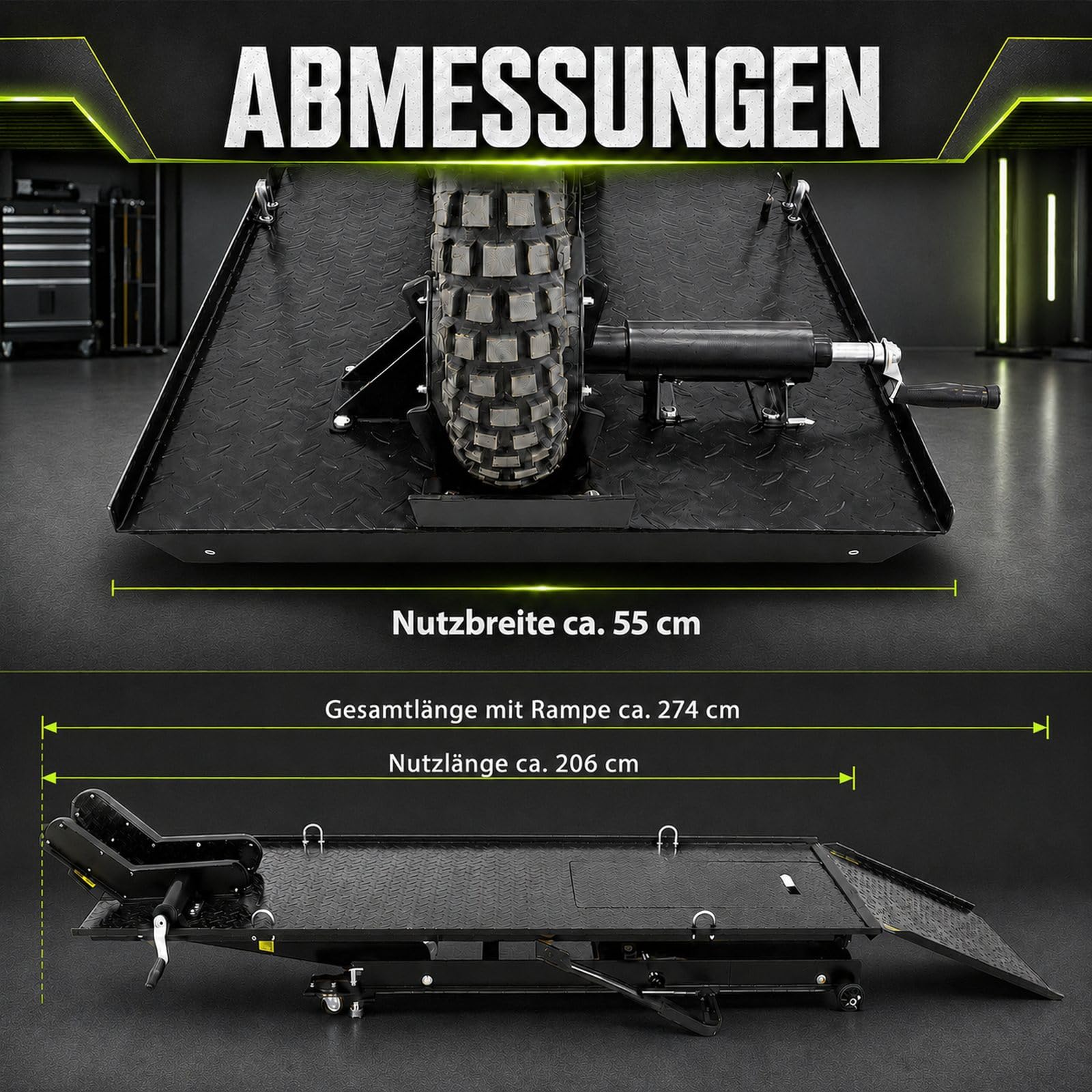 TRUTZHOLM Motorradhebebühne hydraulisch Tragkraft 450 kg Motorradheber Nutzbreite 55 cm Hubbereich 18-84 cm abnehmbare Auffahrrampe 4 Halteösen 45° Vorderradklemmung Parallelheber Hebebühne (Schwarz)