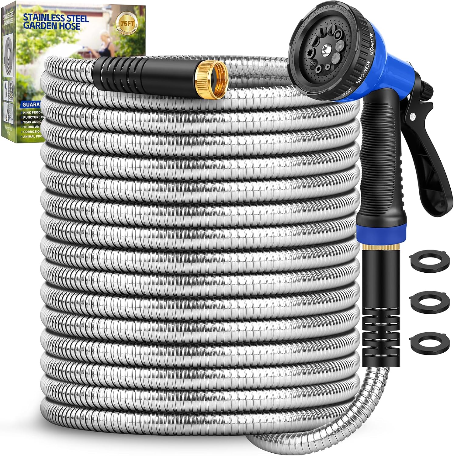 Garden Hose 75 ft, Stainless Steel Metal Hose, Flexible Water Hose with 10 Function Nozzle, Kink Free, Leak-Proof, Heavy Duty Hose for Yard, Outdoor, Lawn, RV, Car Wash and Camper Use