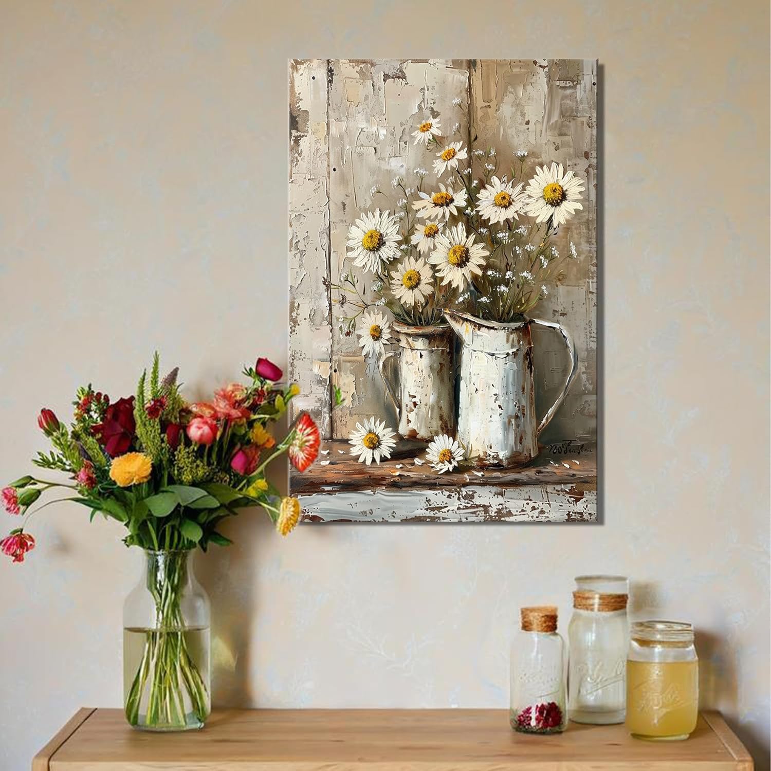 Rustic Farmhouse Daisy Canvas Wall Art Framed, Vintage Country Floral Wall Decor Picture, Modern Prints Farmhouse Daisy Wall Art for Living Room Bathroom Artwork Ready to Hang 16x24inch