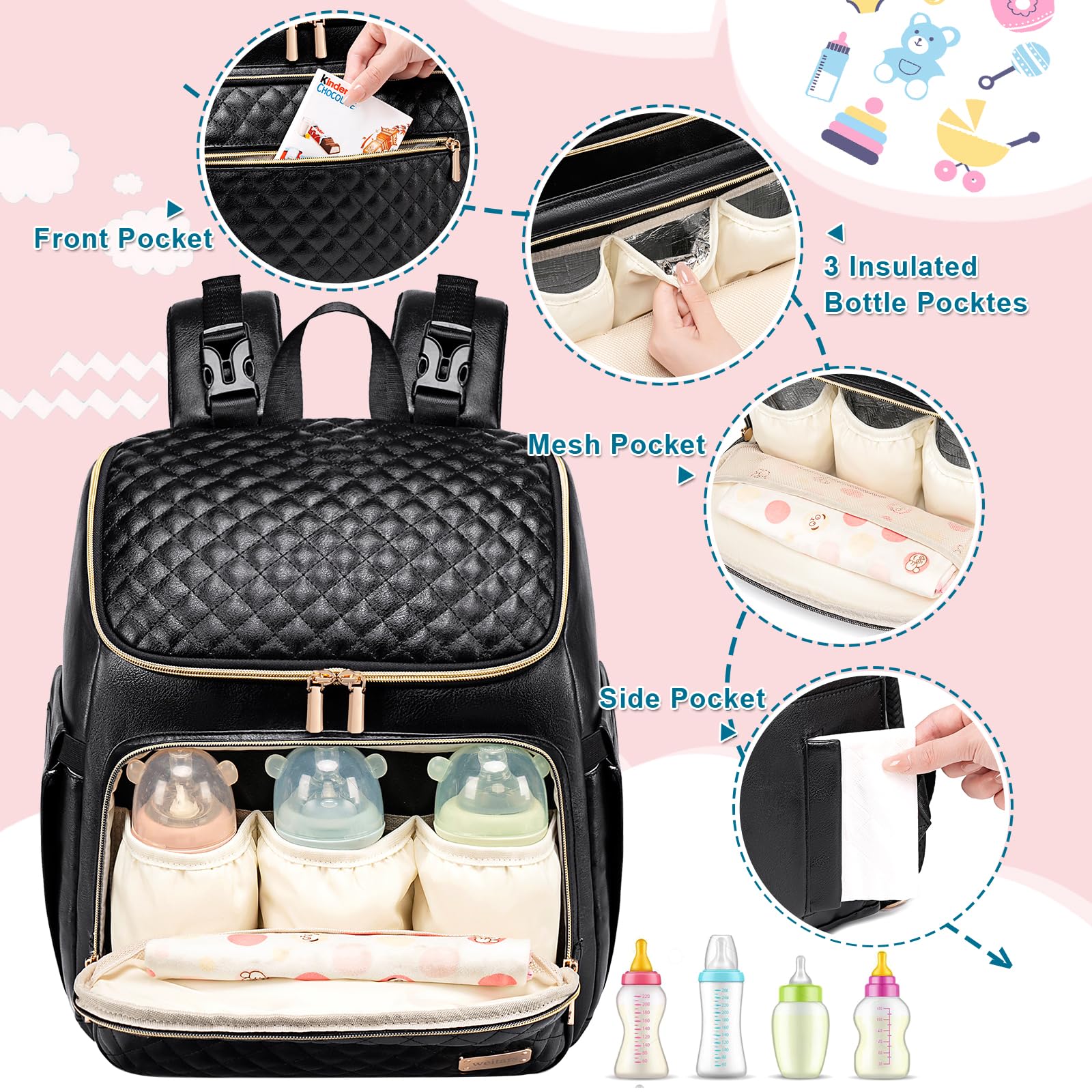 Weitars Mochila para pañales para bebé con cambiador, mochila para pañales de viaje, bolsa de bebé para mamá, 5 bolsillos aislados