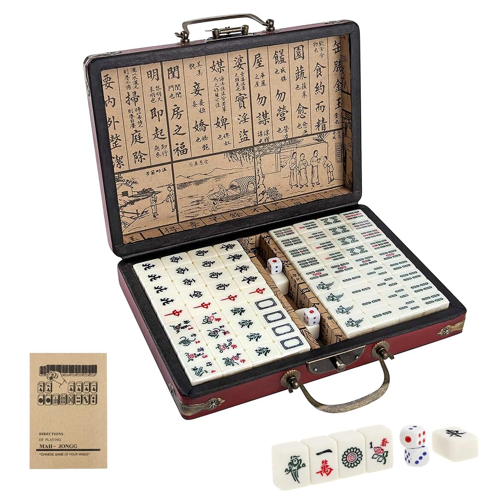 MEETOZ Mini Chinese Mahjong Set, 144PCS Mahjong Tile Set, 2PCS Dice & Leather Carrying Case Box, Complete Mahjong Game Sets for Travel Party Family Game