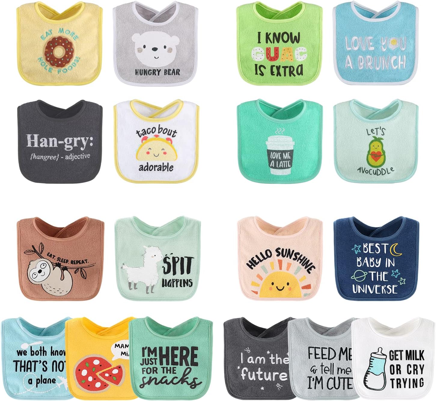 The Peanutshell Unisex Terry Bib Set - 18 Pack for Feeding, Teething, or Drooling - Neutral Foods & Hello Sunshine