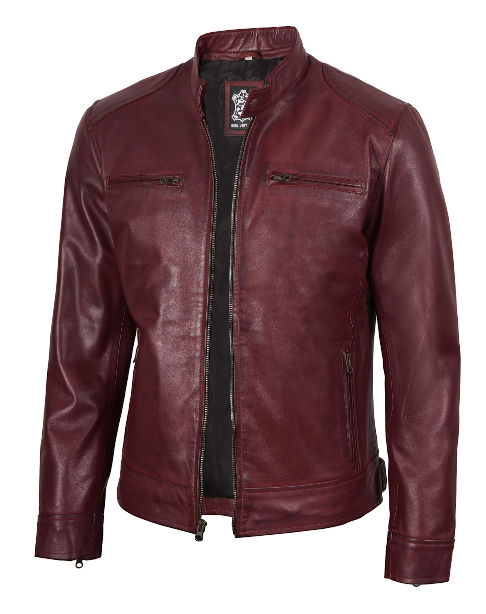 fjackets Veste en cuir d'agneau véritable avec col montant et fermeture éclair pour homme