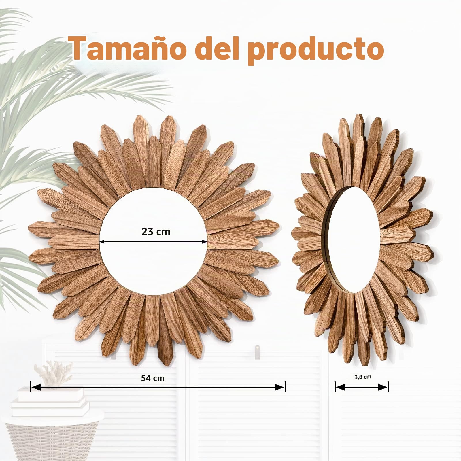 Espejos Decorativos de Pared, 53cm Espejo Redondo Madera Pequeño, Bohemia Decoracion Habitacion, Espejo Pared para Entrada Recibidor, Baño, Dormitorio, Salon (Marrón Retro)