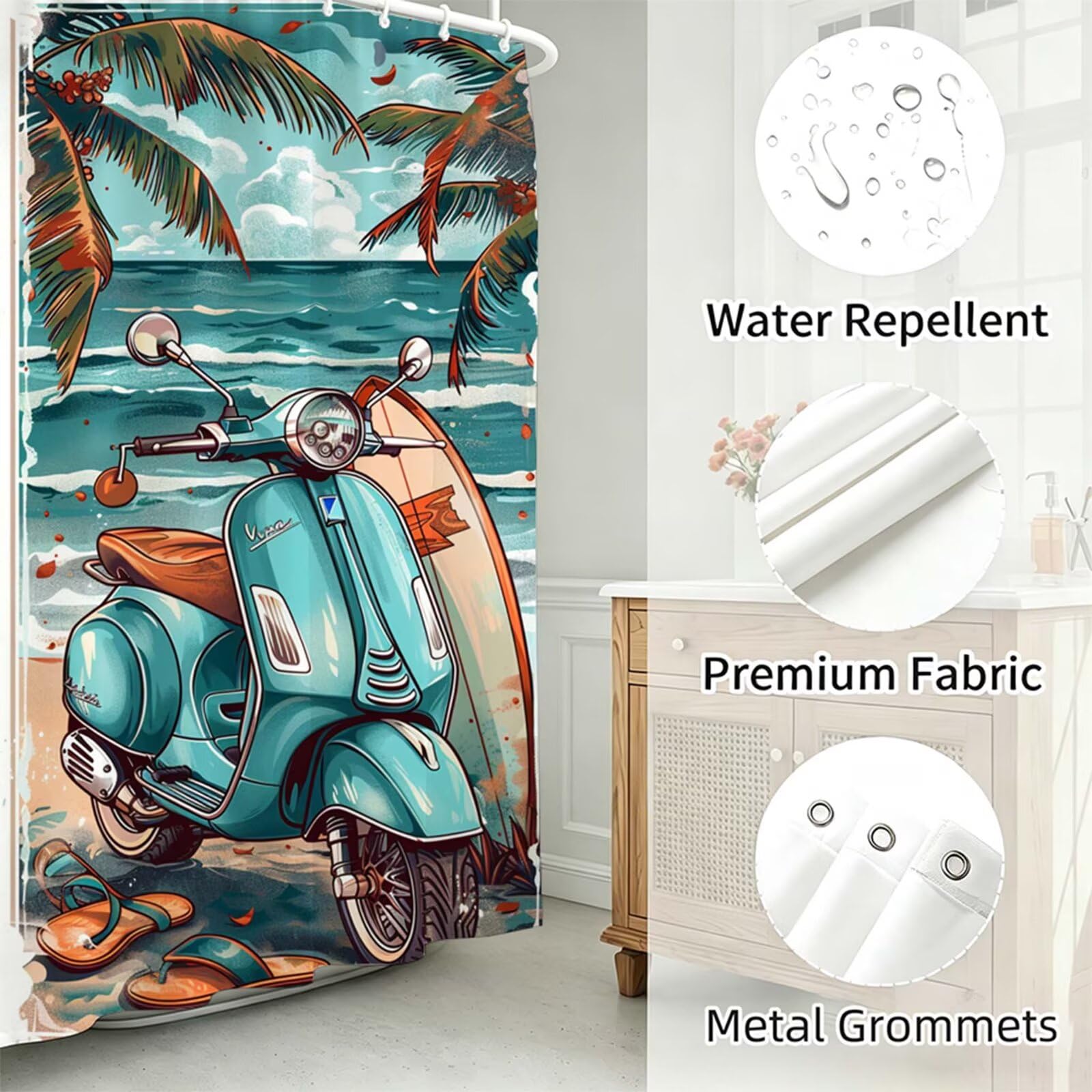 Turquoise Rideau Douche 230x180cm Polyester Lavable en Machine Imperméable Rideaux de Douche mer avec œillets et 12 Crochets, Ourlet Lesté, pour Salle de Bain Domicile Baignoire Cabine J-1007