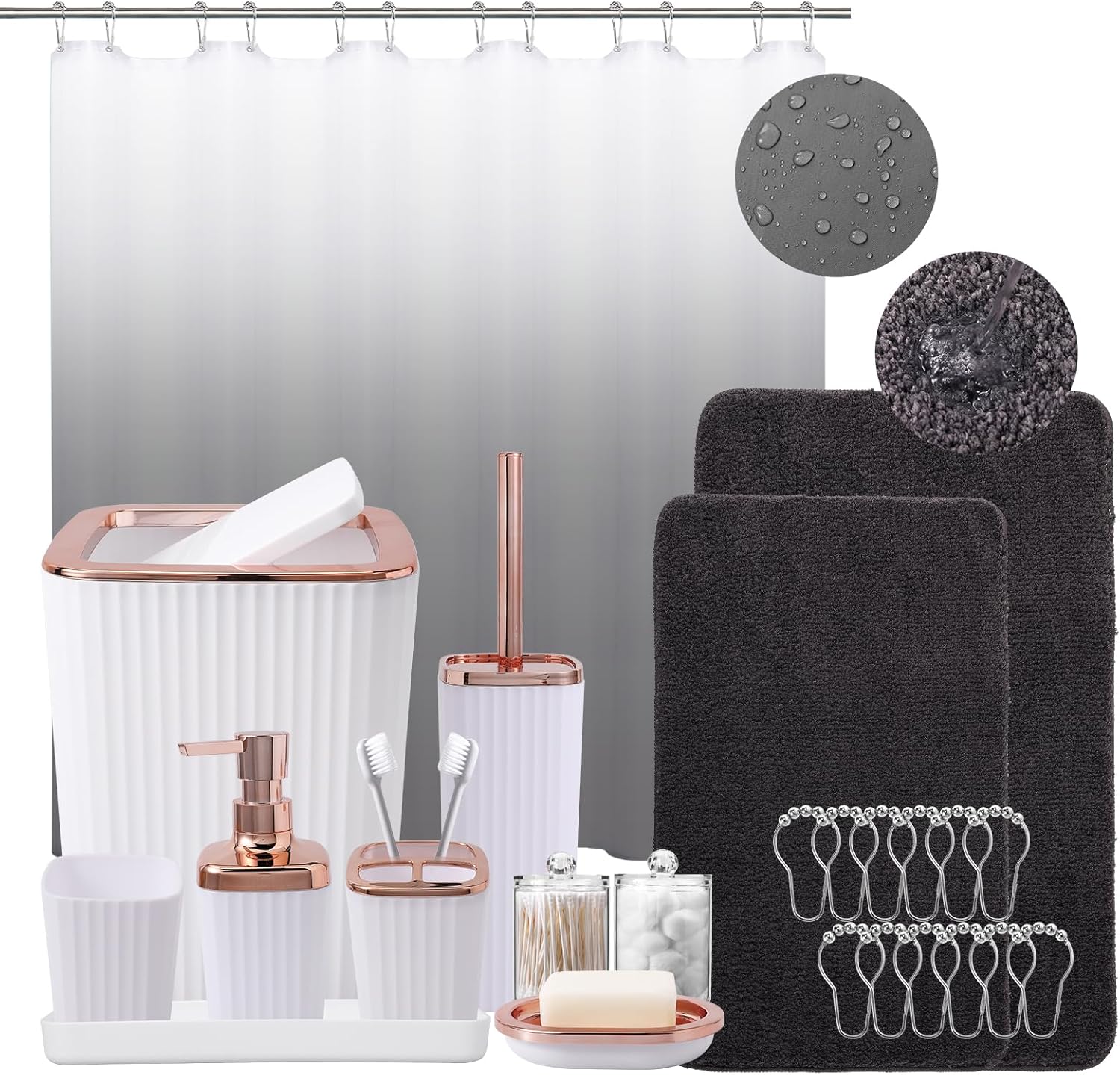 24Pcs White Bathroom Set with Shower Curtain and Rug and Accessories, White Bathroom