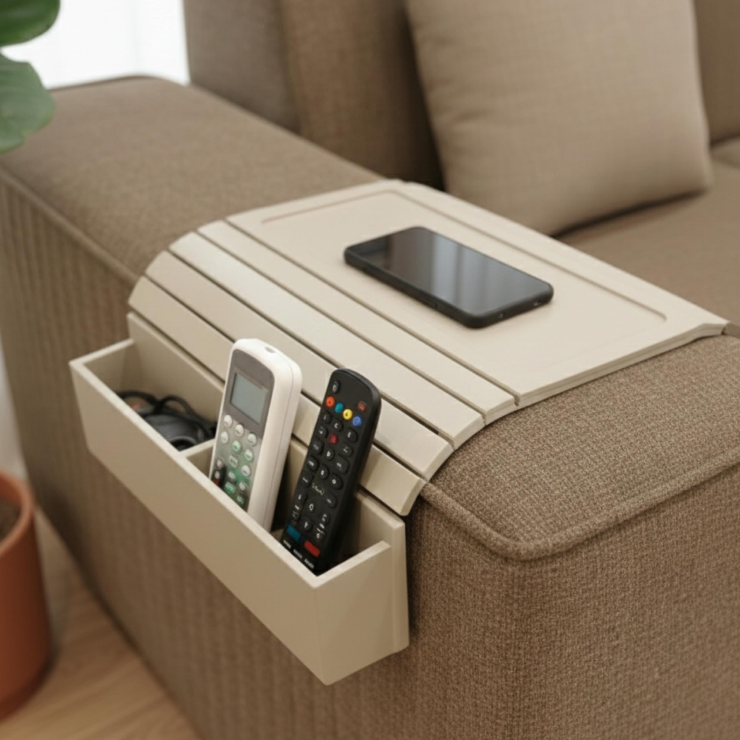 Home Sparkle Engineered Wooden Sofa Armrest Tray | Non-Slip Couch Table with 2 Side Holders | Remote, Phone & Cup Holder Organizer for Snacks, Drinks & Small Items (P4)-image-1