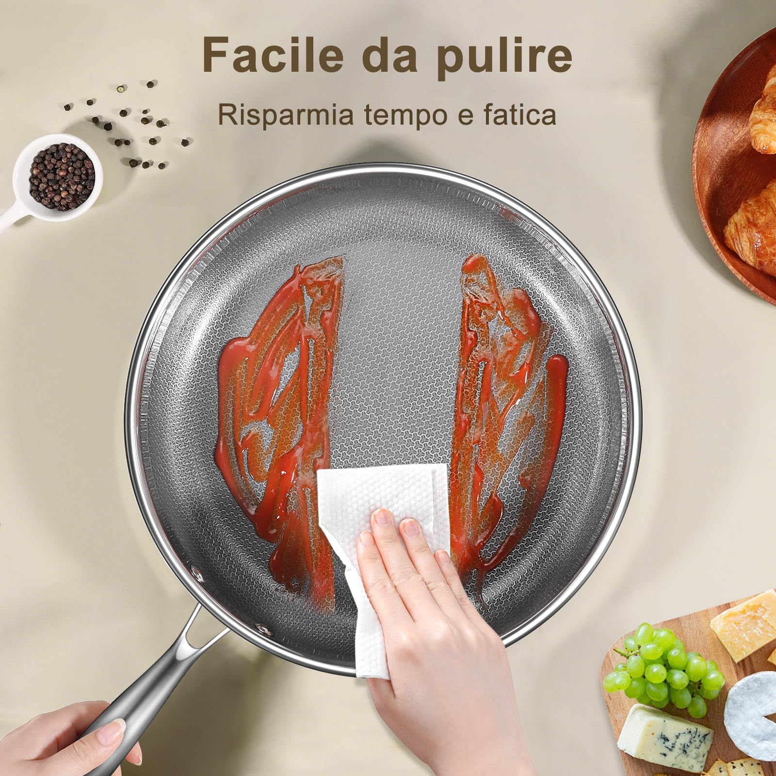 GiPP Padella in Acciaio Inossidabile Triplo Strato 30cm con Coperchio | Rivestimento Antiaderente a Nido d'Ape, Compatibile con Induzione, Gas, Elettrico, Sicura per Forno, Per Rosolare Friggere