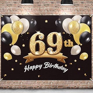 PAKBOOM Happy 69th Birthday Banner Backdrop - 69 Birthday Party Decorations Supplies for Men - Black Gold 4 x 6ft