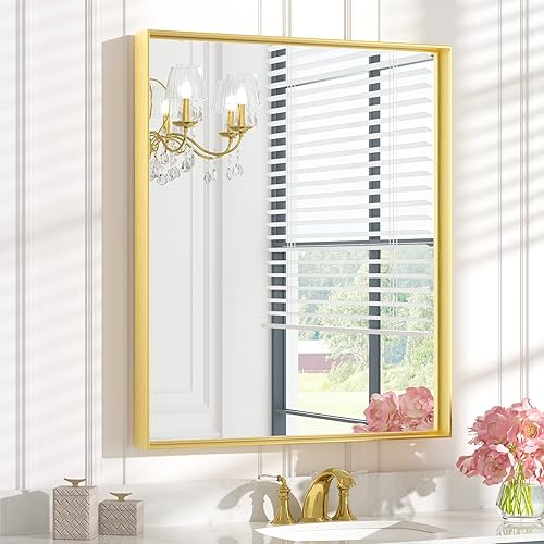 Miniatura 132 de Keonjinn Espejo de baño dorado de 48 x 36 pulgadas, espejo rectangular con marco de metal dorado cepillado, espejo de pared grande rectangular